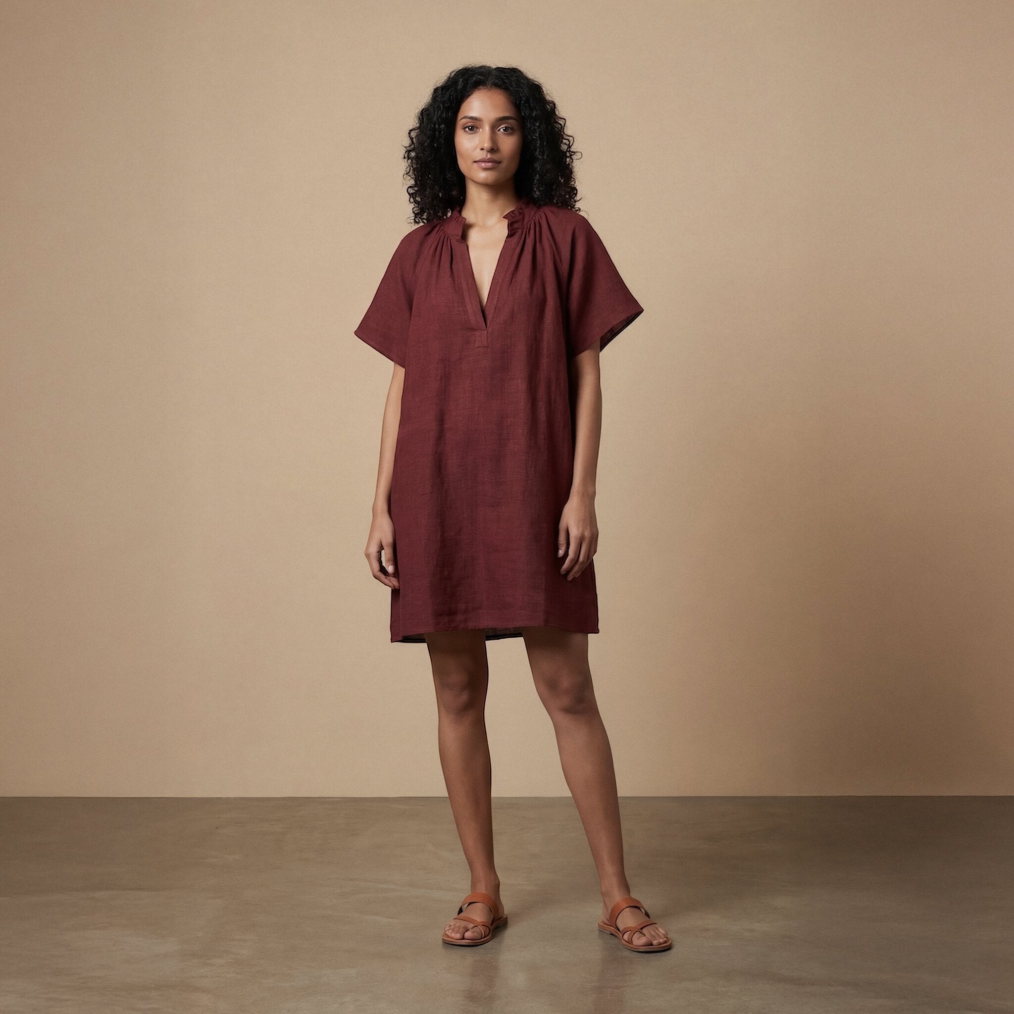 Maroon Handspun Cotton Mandarin Collar A-Line Short Dress 58" / Petite (5'1" and below) Maroon Handspun Cotton Mandarin Collar A-Line Short Dress 58" / Petite (5'1" and below)