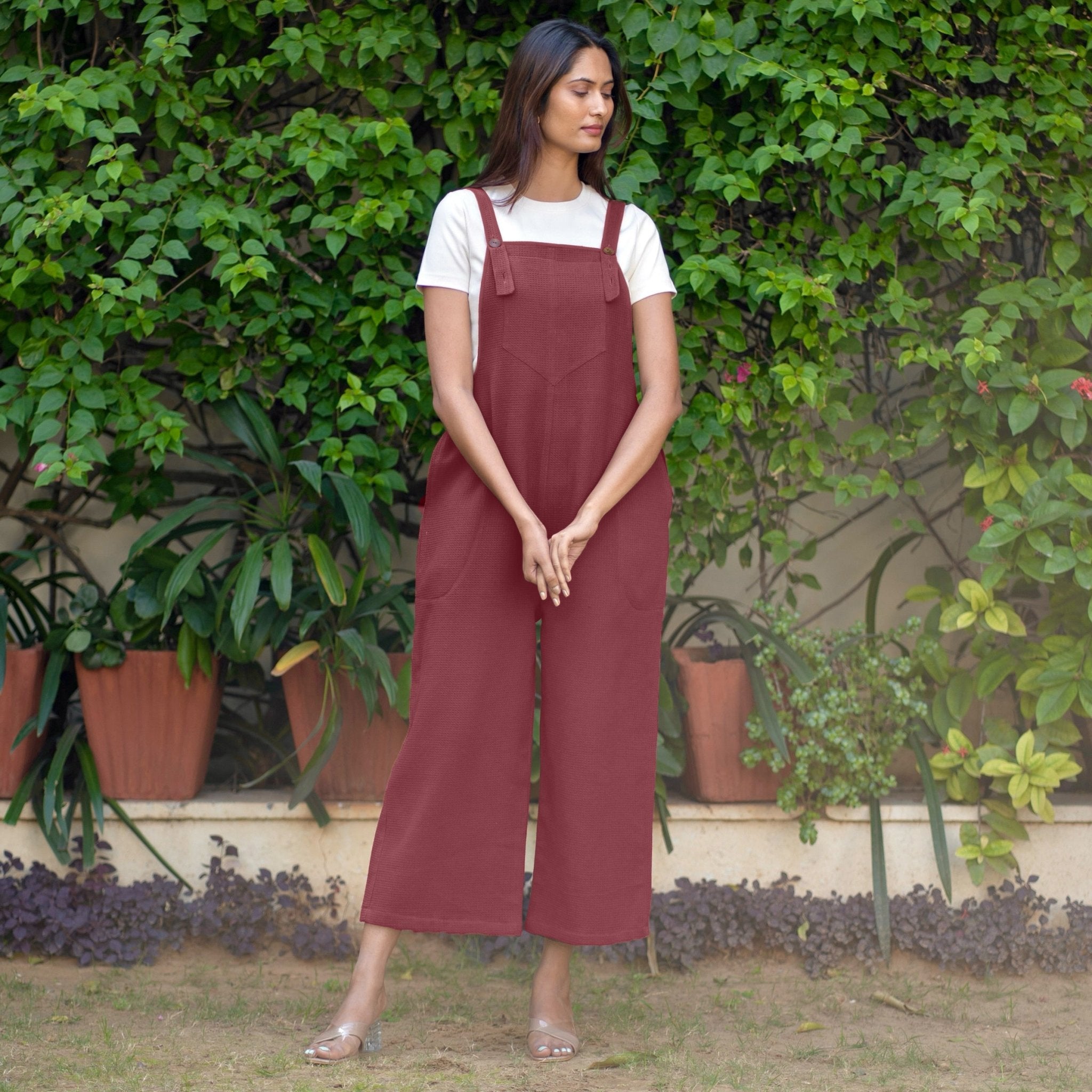 red dress overalls Maroon Warm Cotton Waffle Midi Dungaree Jumpsuit 26