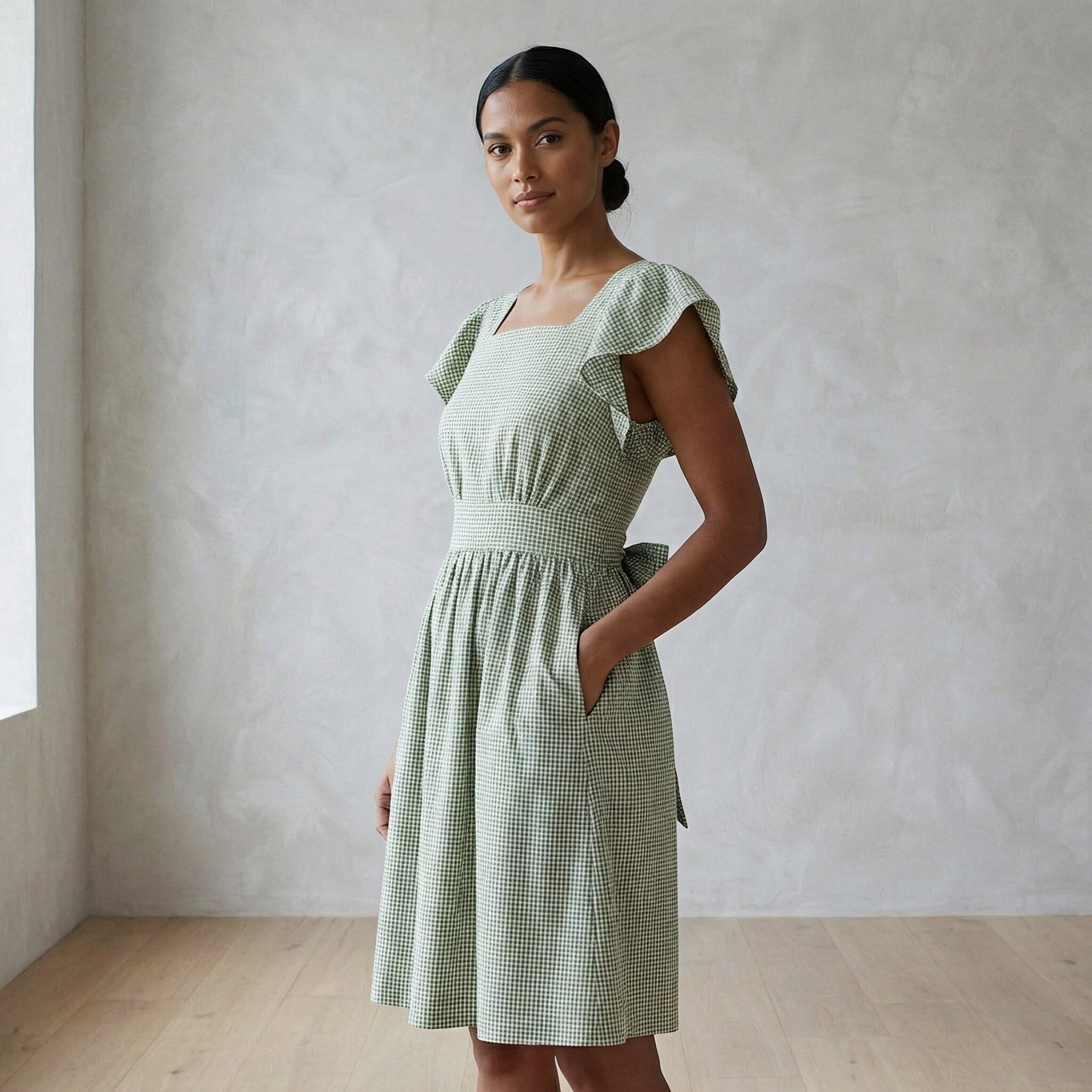 Mint Green Checks Handspun Cotton Open-Back Fit and Flare Knee Length Dress 60