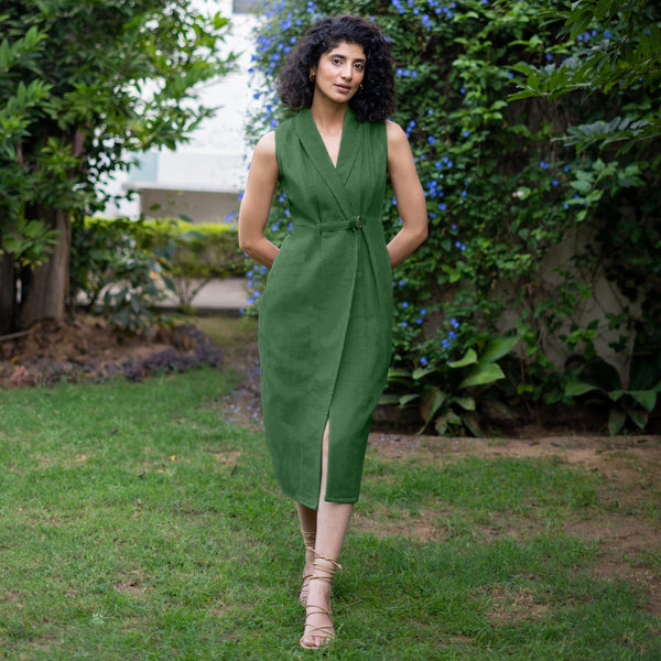 Moss Green Warm Cotton Corduroy Sleeveless Midi Blazer Dress