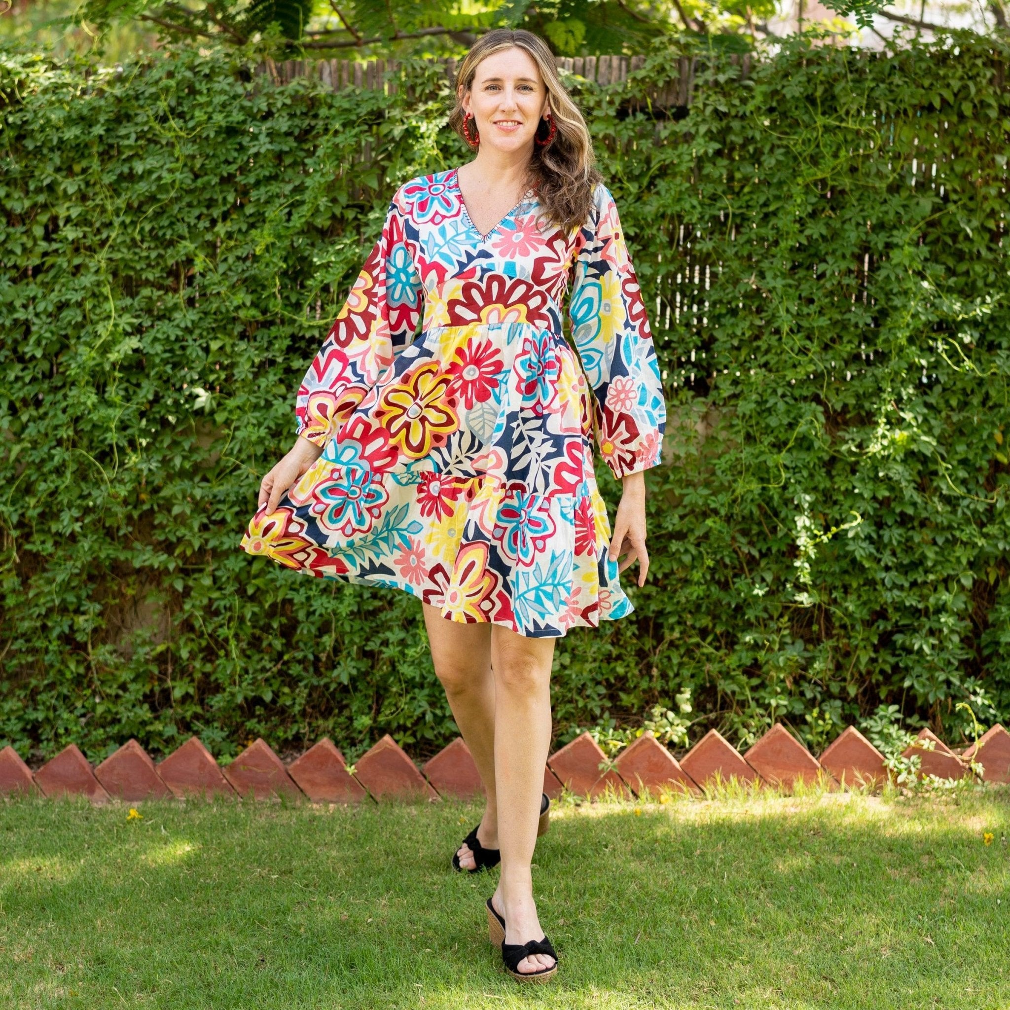Multicolor Floral Printed 100% Cotton V-Neck Short Tier Dress 50