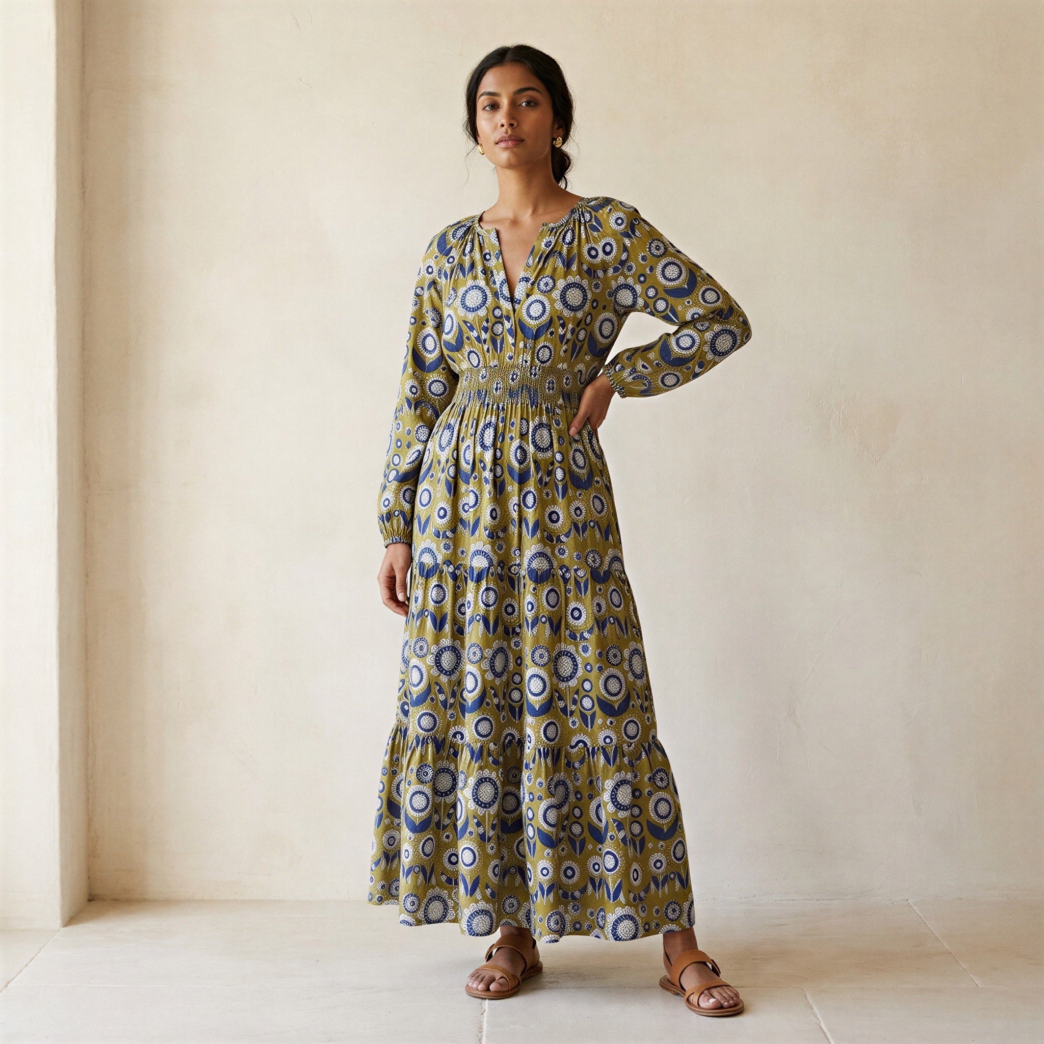 Mustard Floral Block Print Cotton Fit and Flare Maxi Tier Dress 70