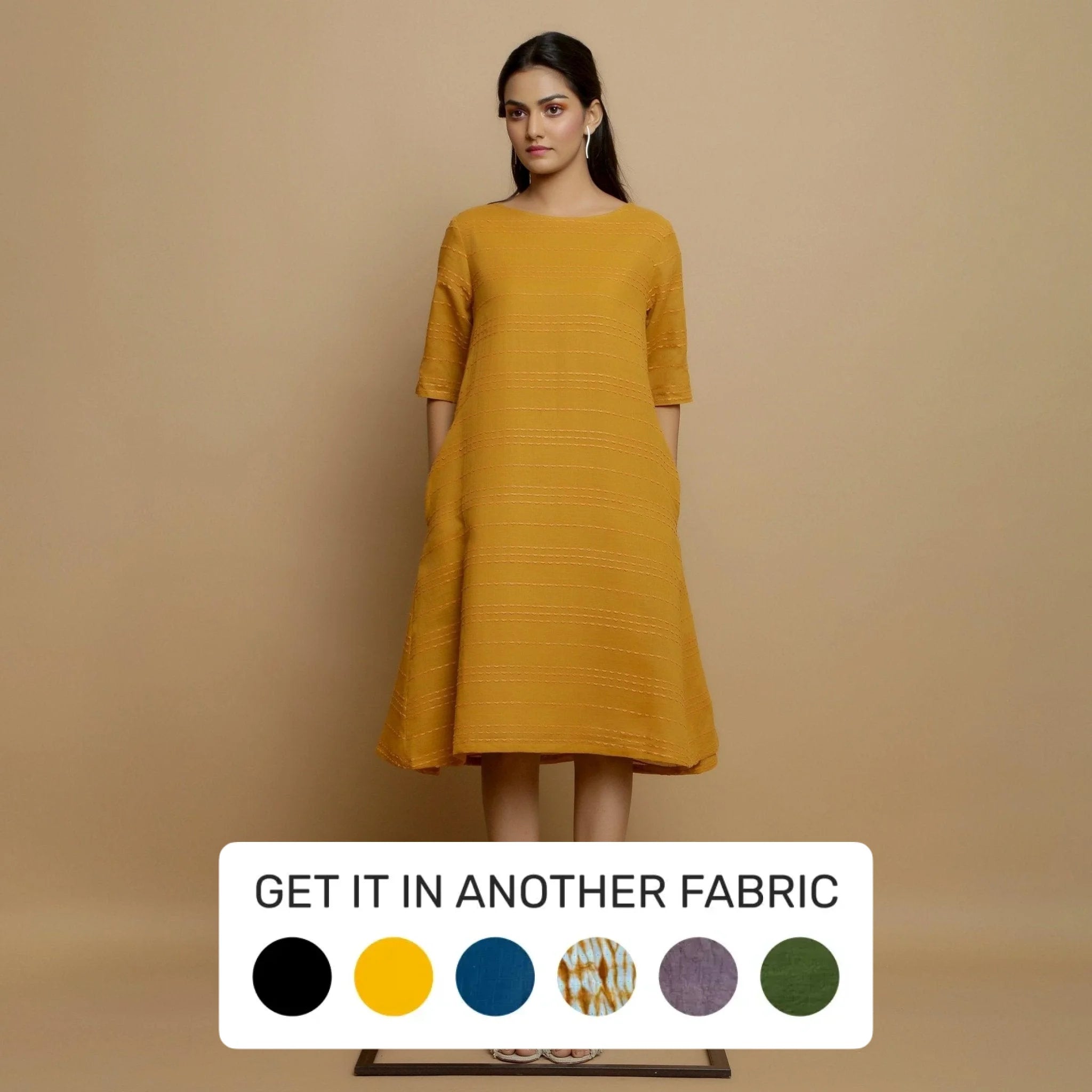 Mustard Striped Handwoven Cotton Knee Length Godet Dress Mustard Striped Handwoven Cotton Knee Length Godet Dress