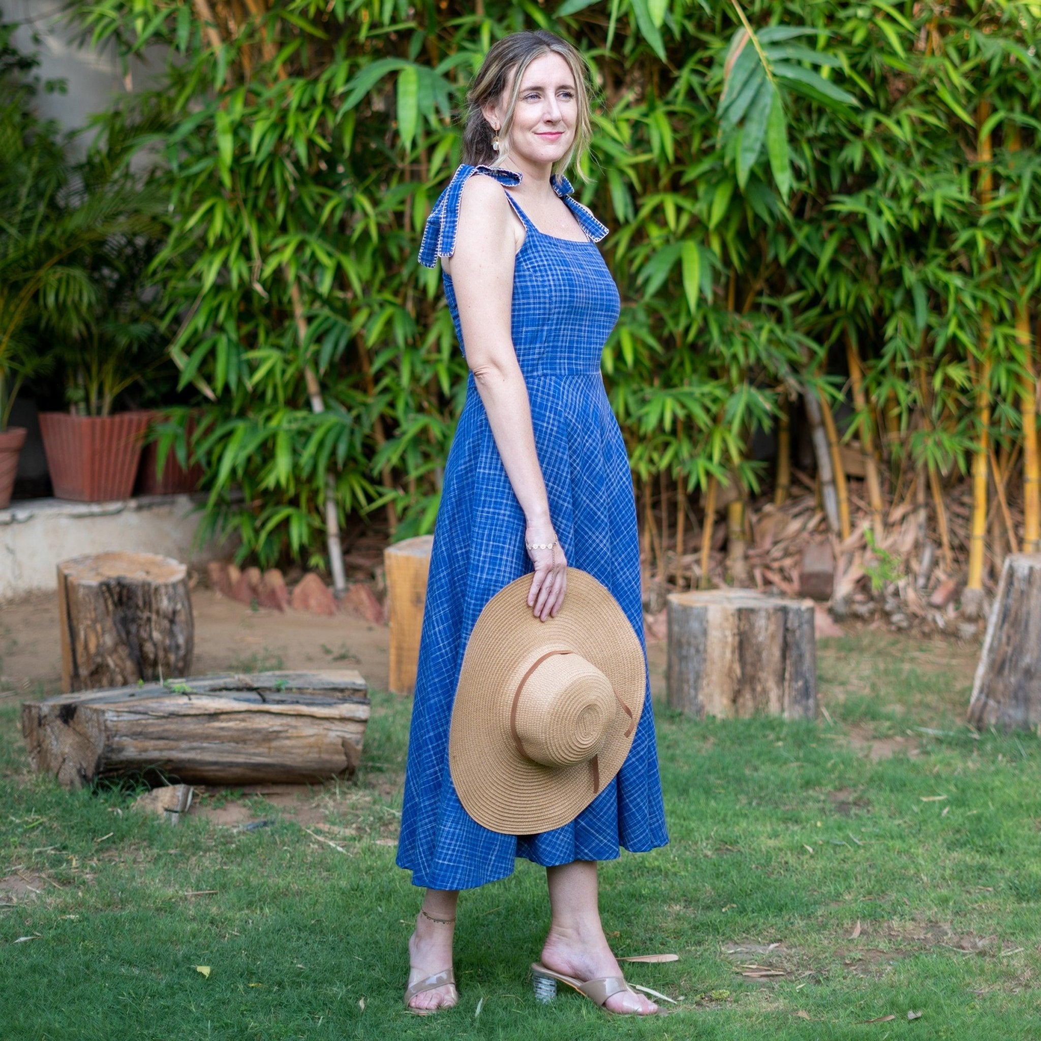 cotton round dress Sapphire Round Neck Waist Cotton Dress, S