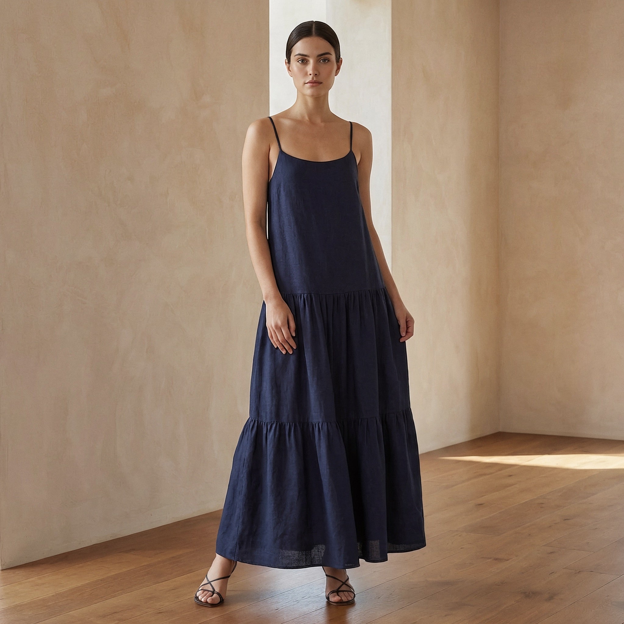 Navy Blue Cotton Flax Drop-Waist Camisole Maxi Tier Dress 44