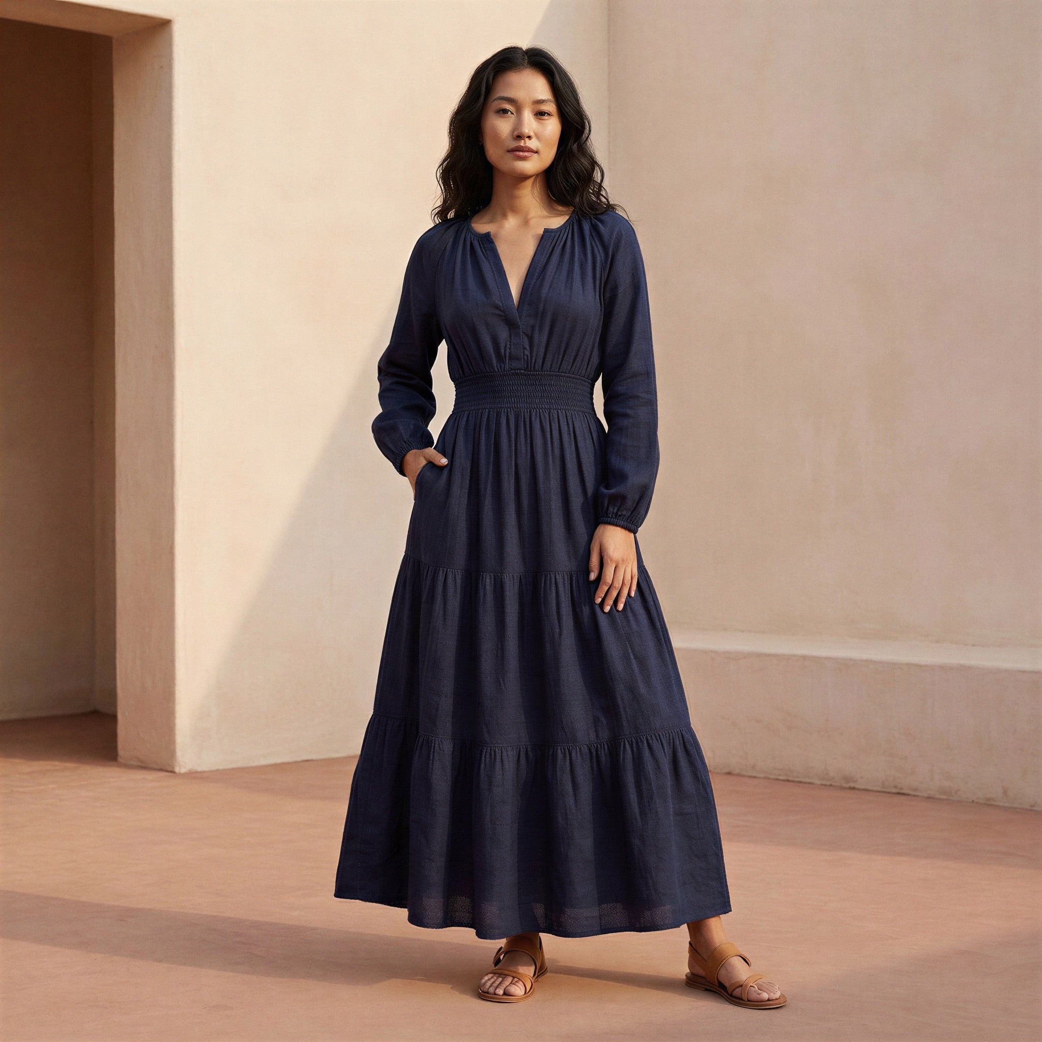 fit and flare maxi dress in navy Navy Blue Cotton Flax Fit and Flare Maxi Tier Dress 30