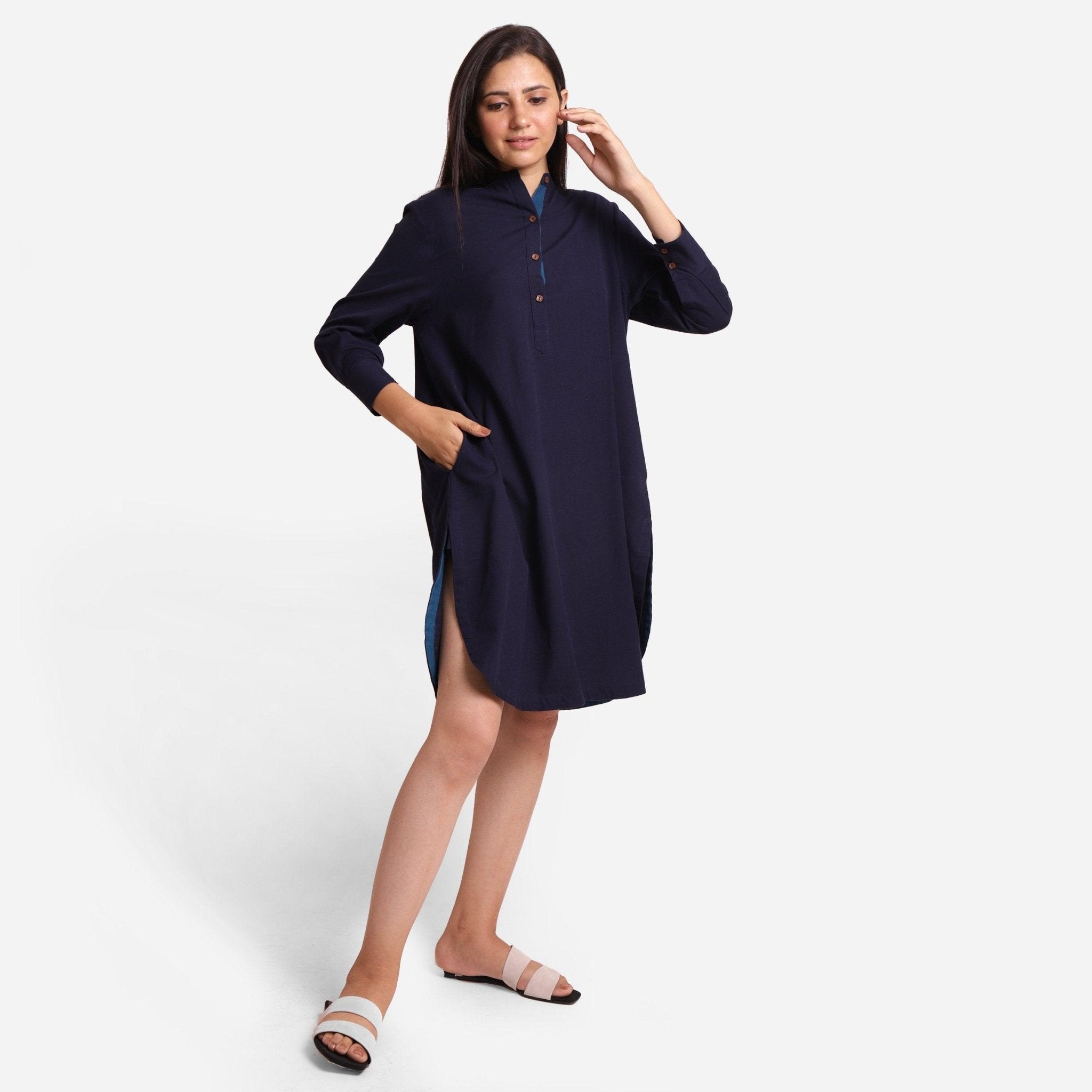 Navy Blue Cotton Flax Knee Length Shirt Dress 52