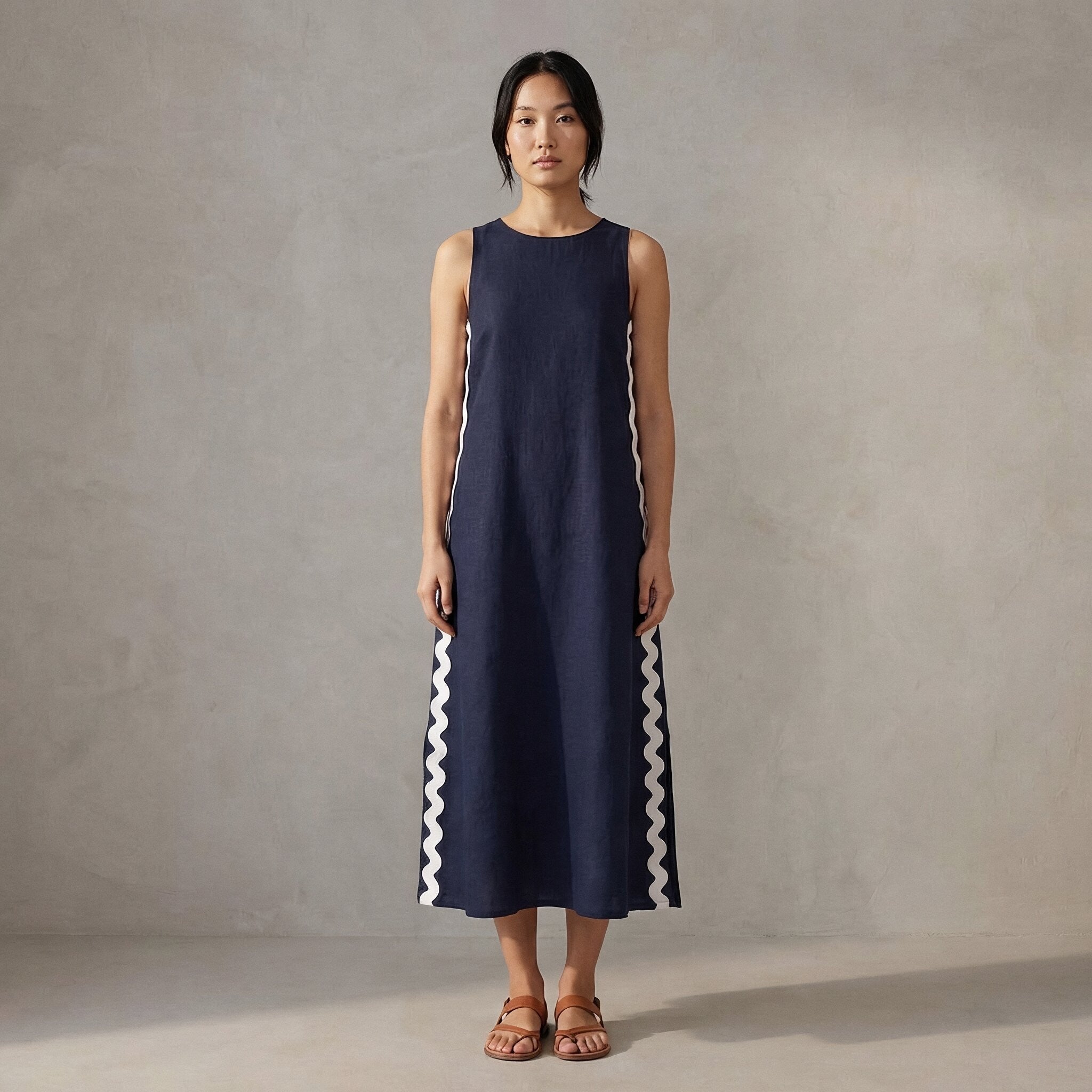 Buy Navy Blue Cotton Flax Wavy Stripe Maxi Shift Dress Online at  SeamsFriendly