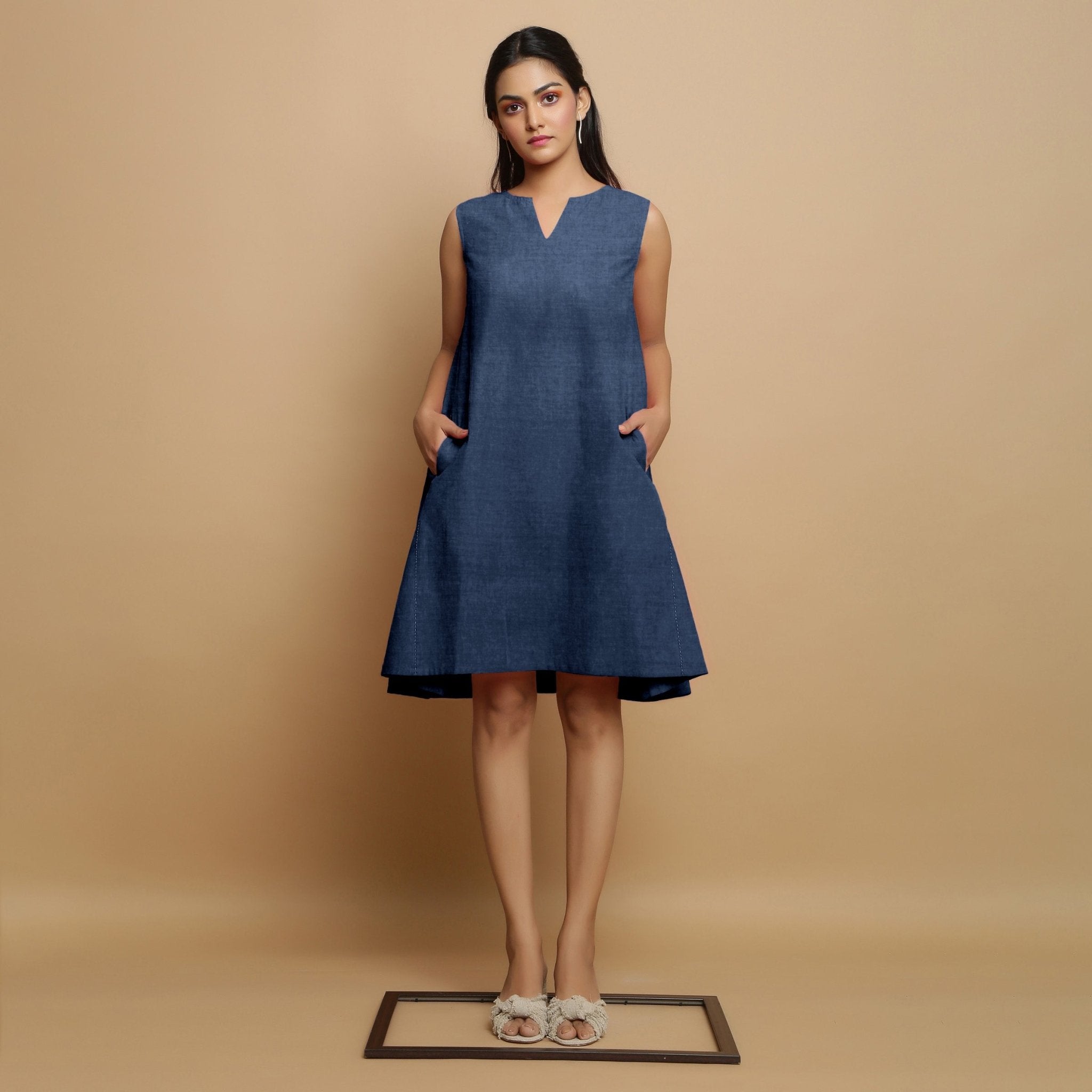 godet dress Navy Blue Cotton Linen Embroidered Knee-Length Godet Dress 58" / Regular (5'2"