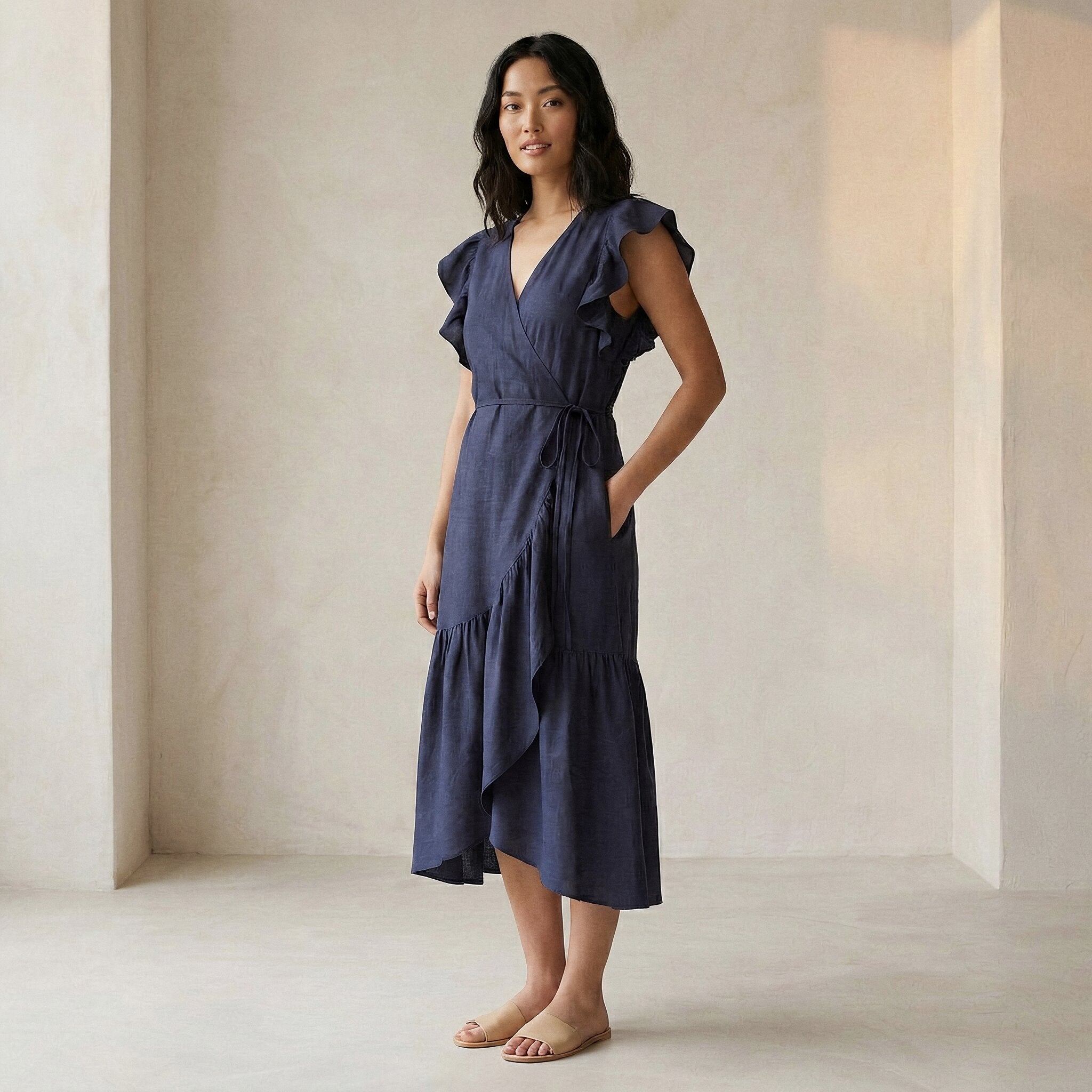 navy blue midi wrap dress Ramy Brook Cecilia Belted Midi Dress in Navy