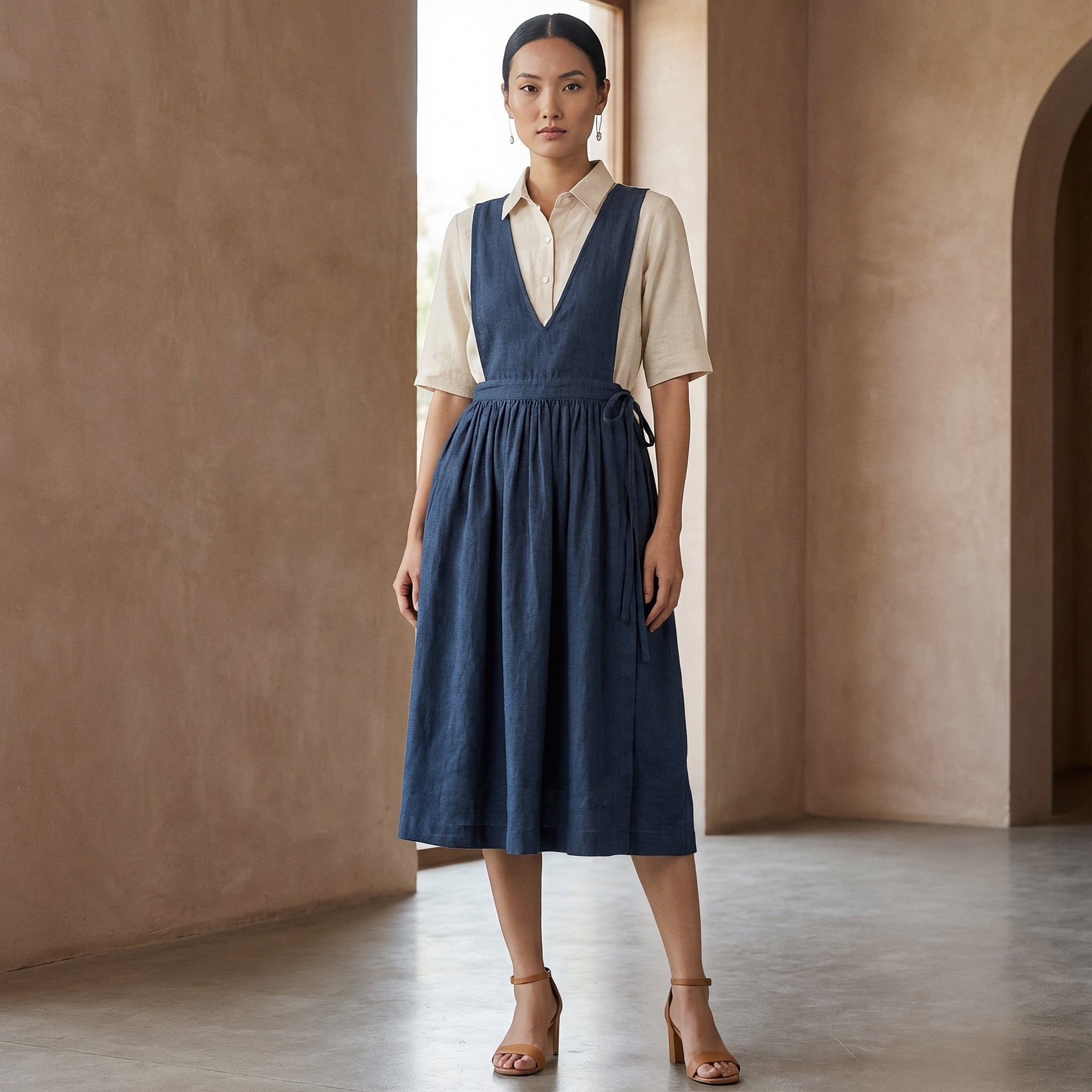 Navy Blue Cotton-Linen V-Neck Pinafore Midi Wrap Dress 68