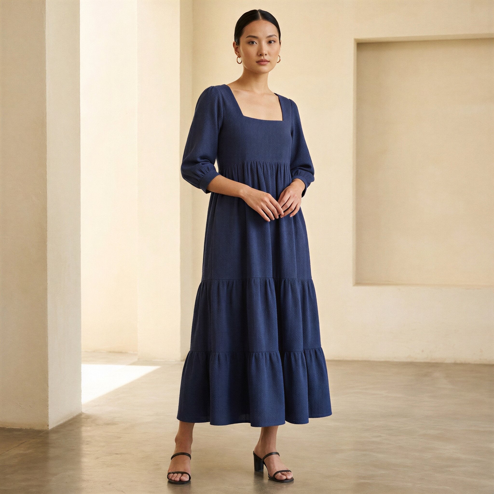 navy blue square neck dress Cotton Waffle Tiered Midi 62