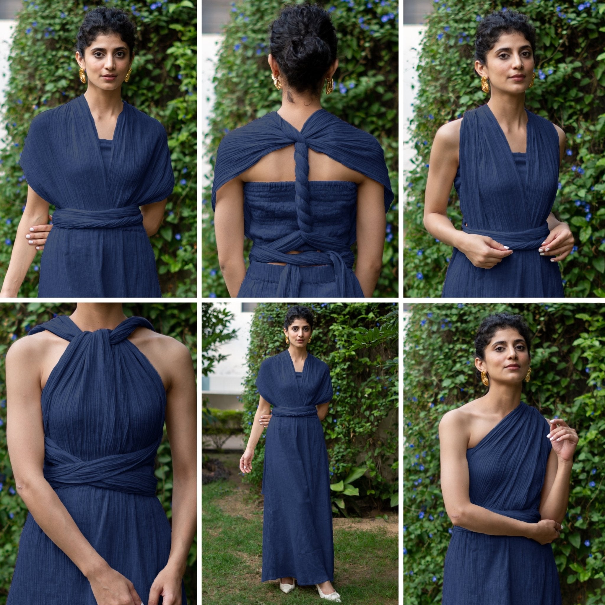 Buy Navy Blue Crinkled Cotton Flax Boho Infinity Drape Gown with