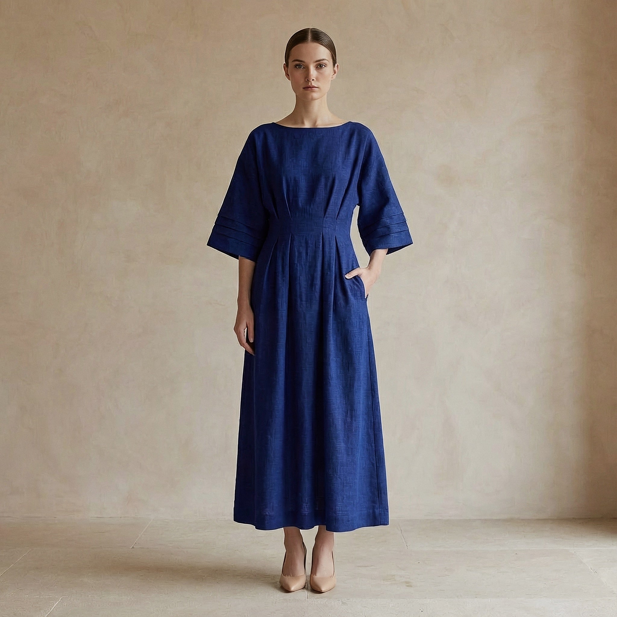 blue kimono sleeve dress Navy Handspun Cotton Boat Neck Maxi with Sleeves 62