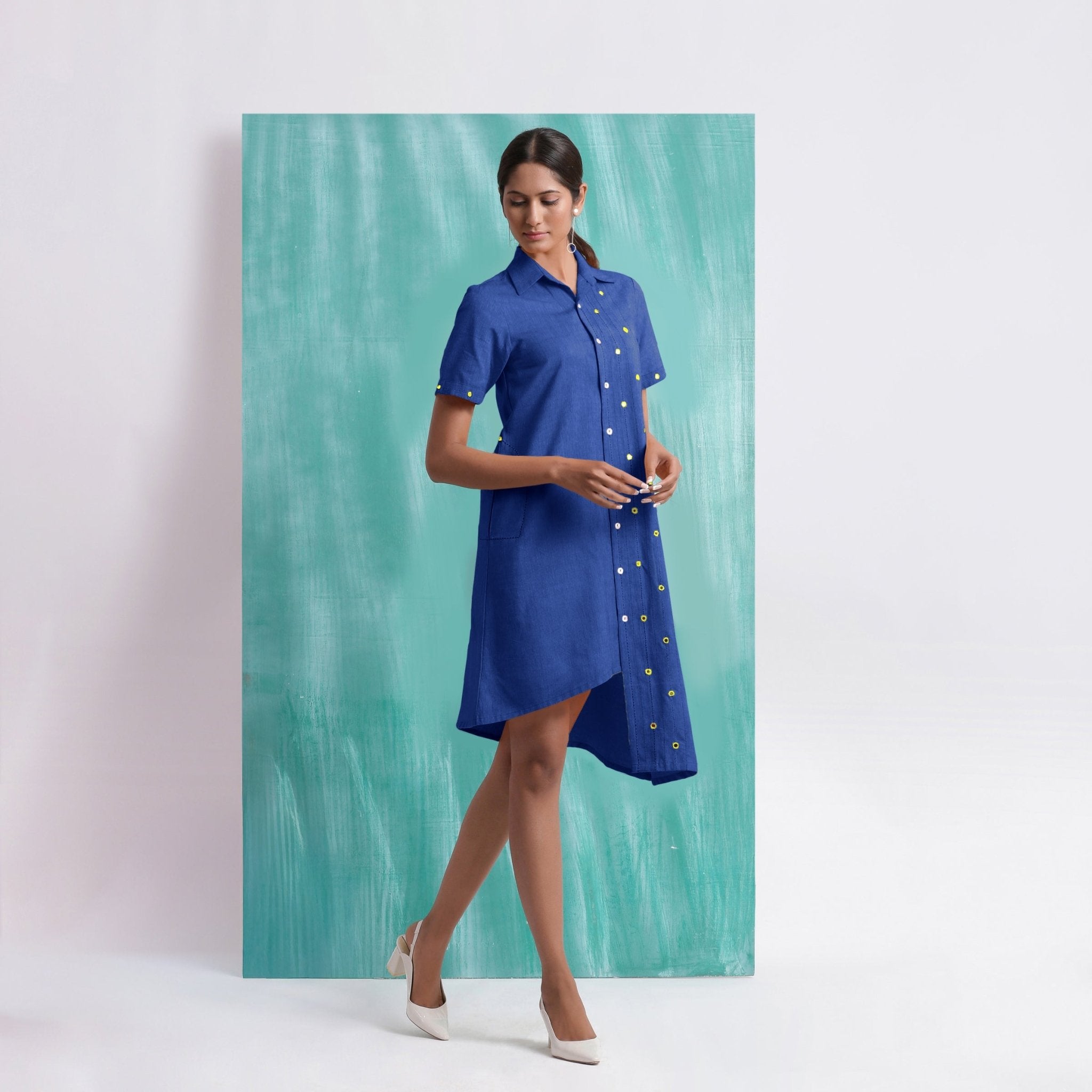 Navy Blue Mirror Work Cotton Knee Length Asymmetrical Dress Custom Size (Free) / Custom Height (Free)
