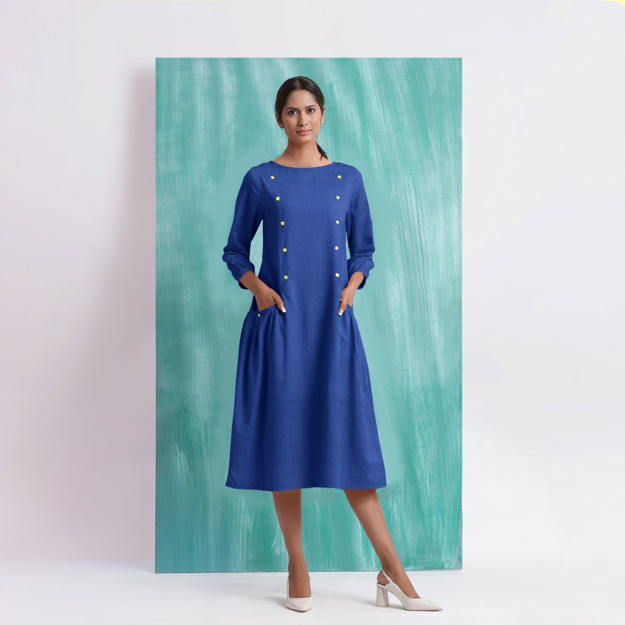 Navy Blue Mirror Work Embroidered Cotton Paneled Midi Dress 36\" / Custom Height (Free) Buy Navy Blue Mirror Work Embroidered Cotton Paneled Midi Dress Online at  SeamsFriendly