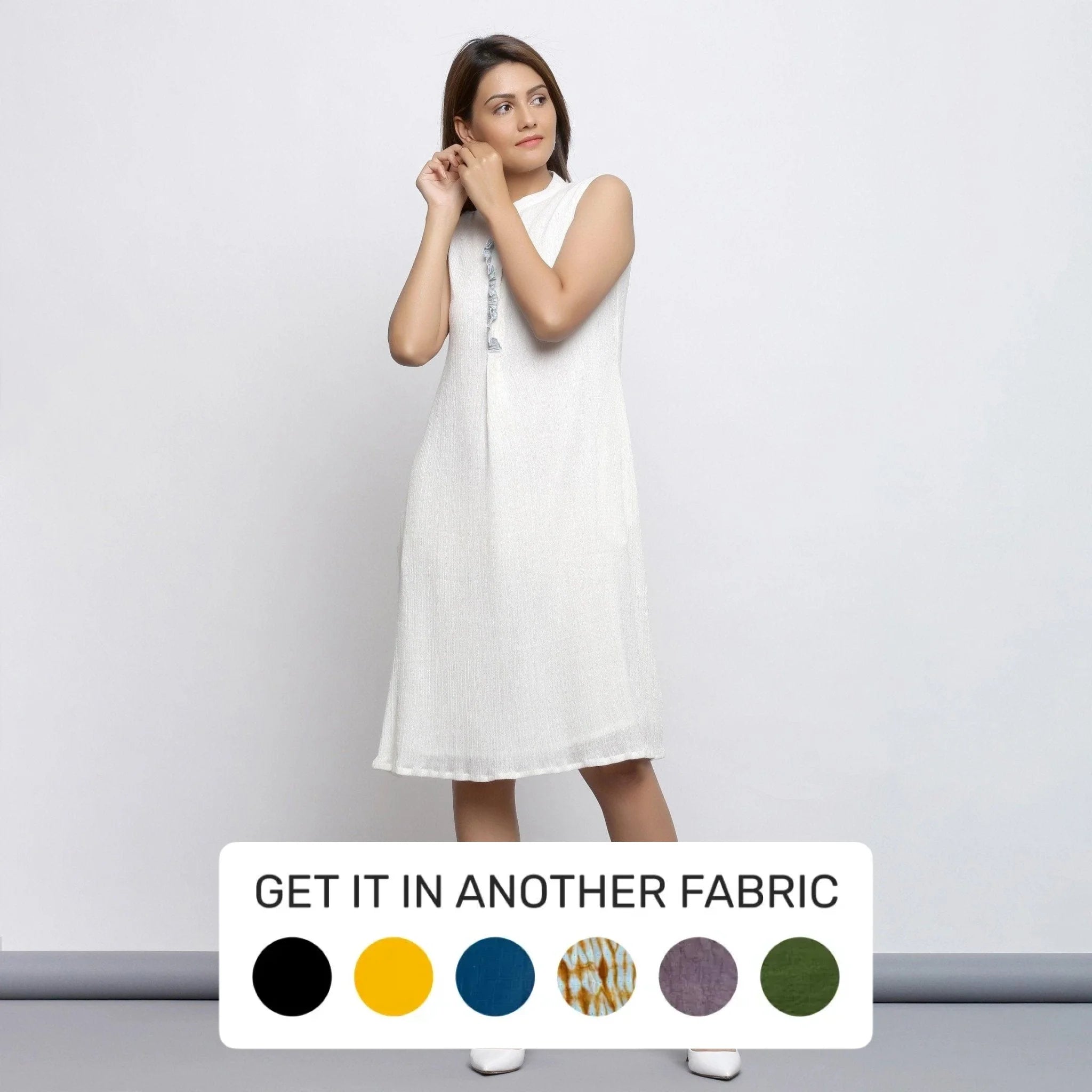 Off-White Crinkled Cotton Mandarin Collar Knee Length Dress Off-White Crinkled Cotton Mandarin Collar Knee Length Dress