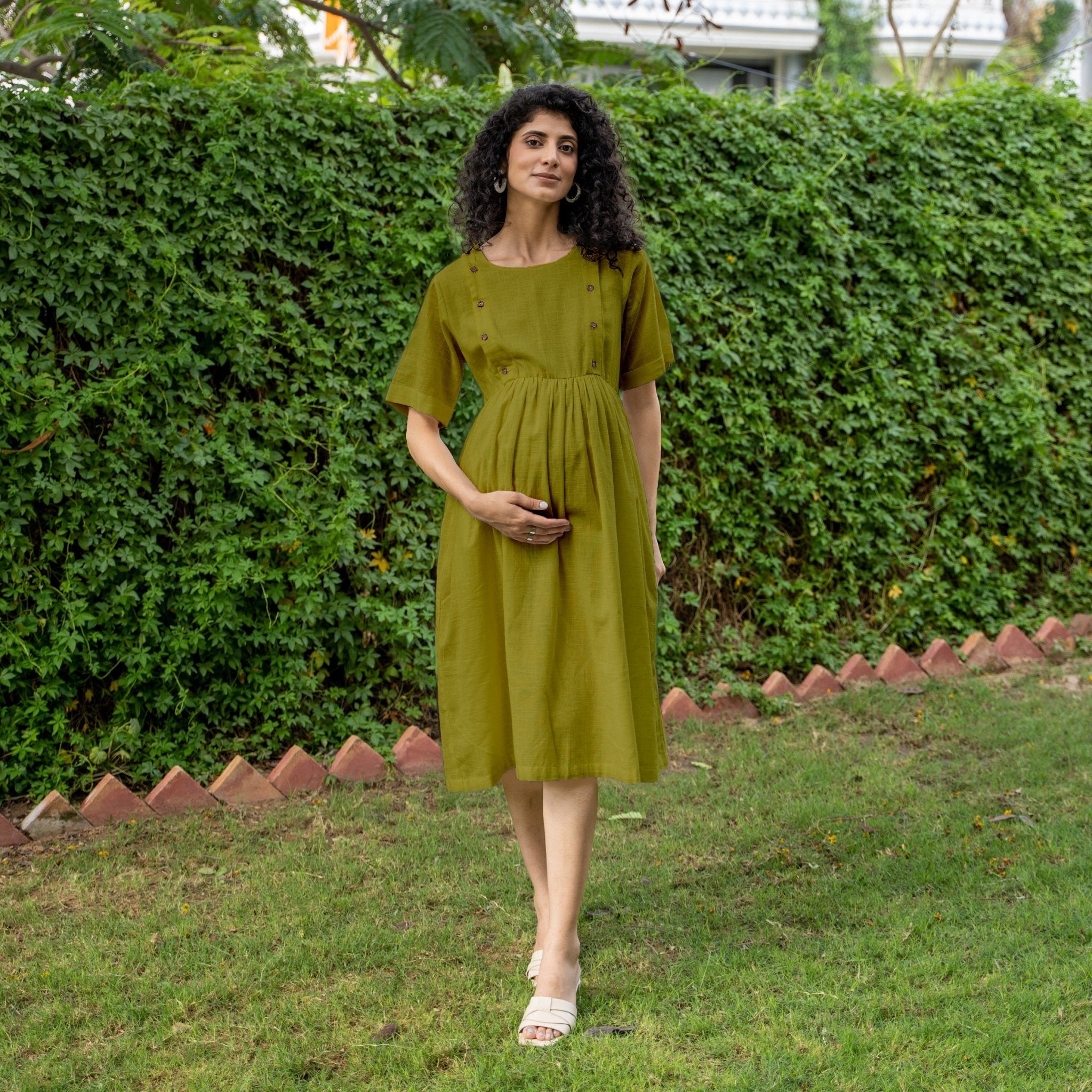 Olive Green 100% Cotton Button-Down Knee Length Pre and Post Maternity Dress 34 Olive Green 100% Cotton Button-Down Knee Length Pre and Post Maternity Dress 34