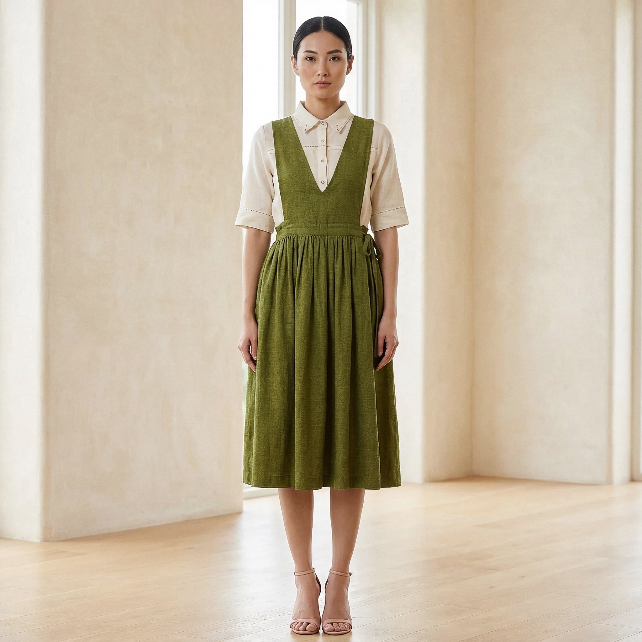 Olive Green 100% Cotton V-Neck Pinafore Midi Wrap Dress 70