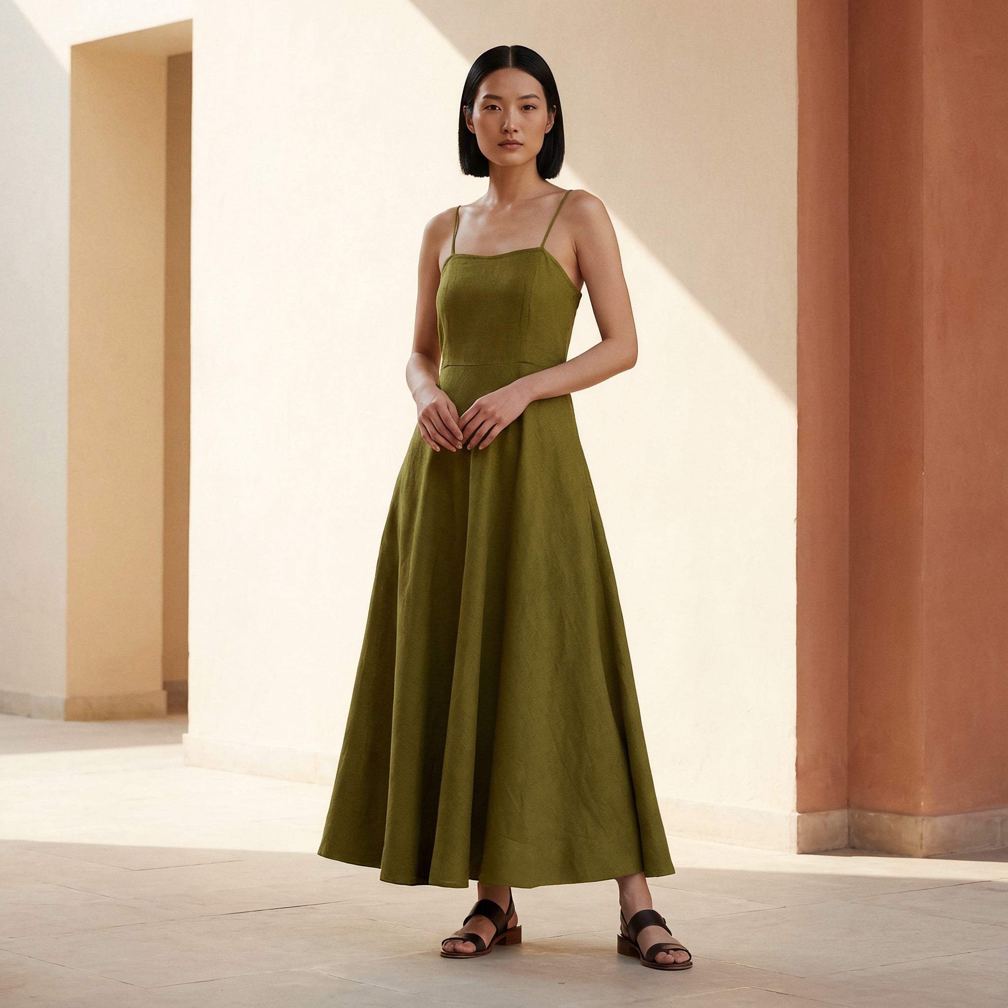 slim fit dress slacks Olive Green Cotton Flax Ankle Length Flared Sundress 44