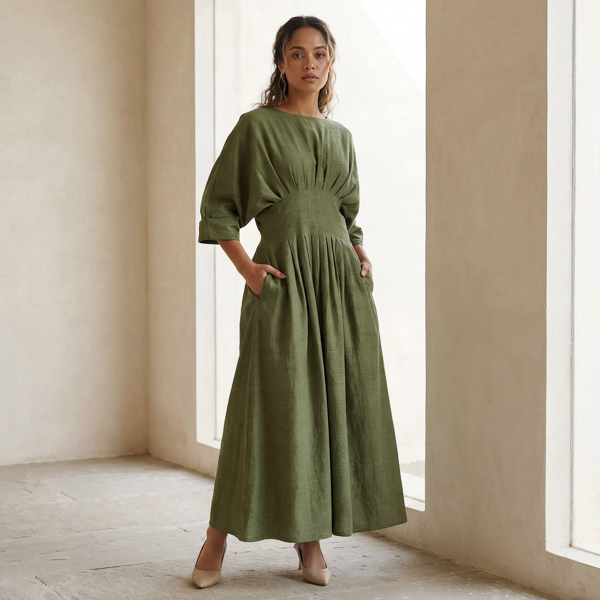 Olive Green Cotton Flax Cinched Waist Flared Maxi Dress