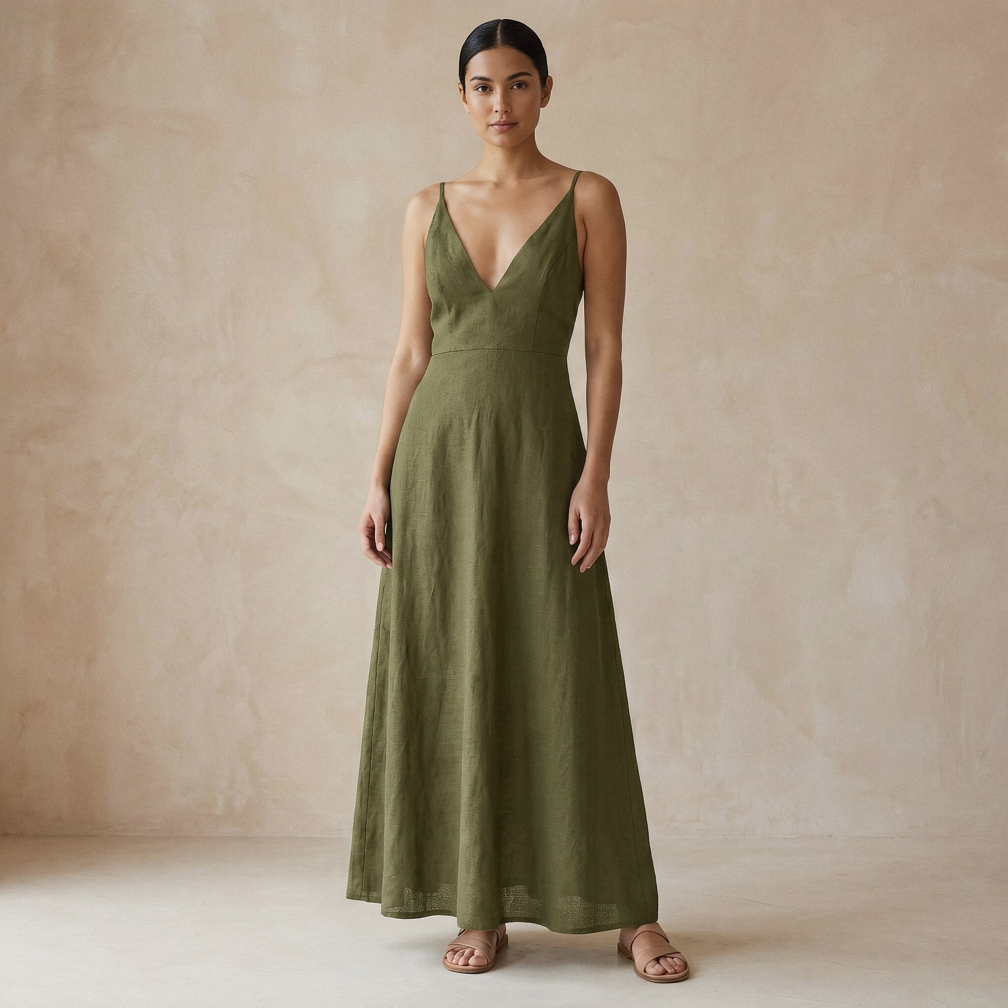 Buy Olive Green Cotton Flax Deep V-Neck Cami Maxi Dress Online at SeamsFriendly