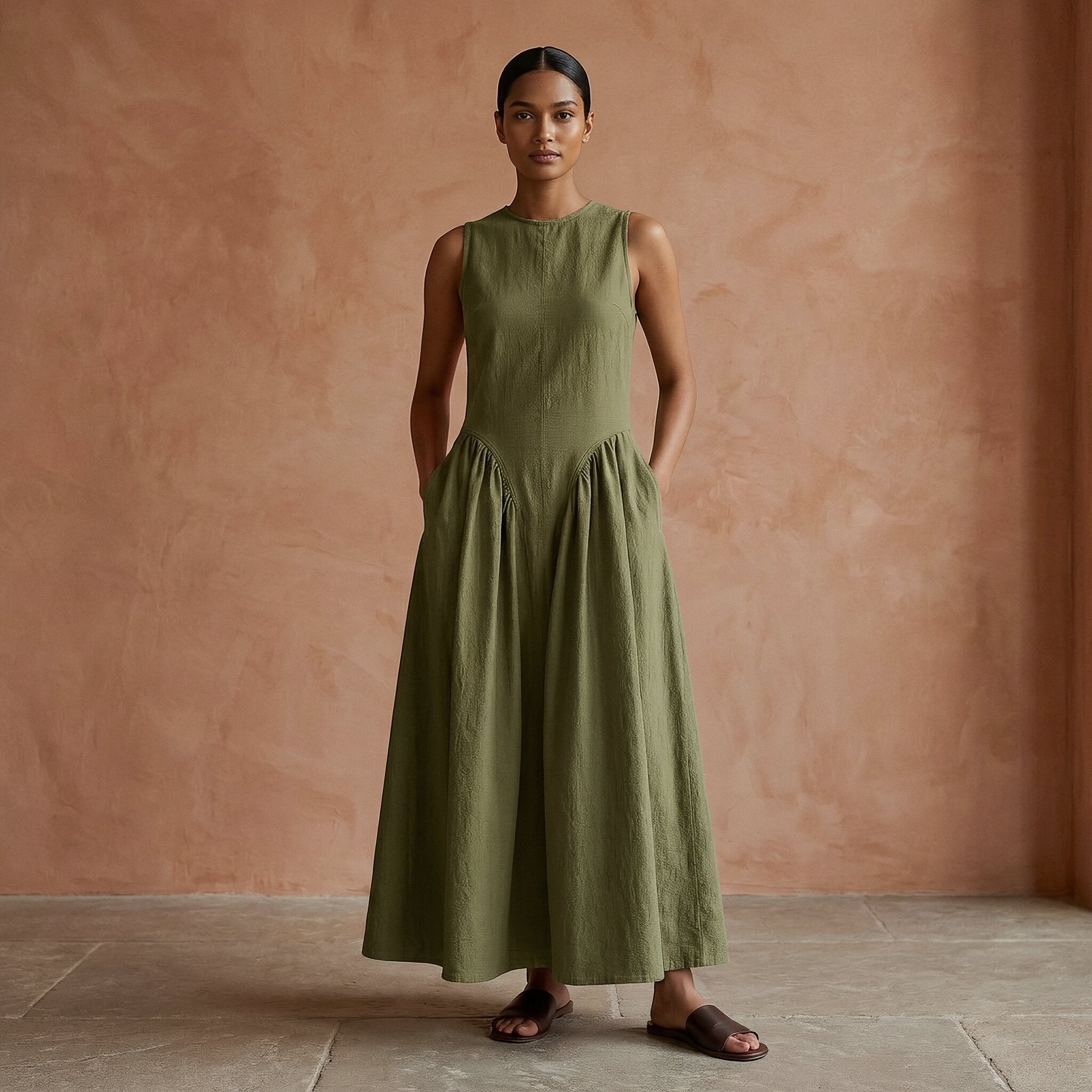 Buy Olive Green Cotton Flax Sleeveless Paneled Maxi Dress Online at  SeamsFriendly