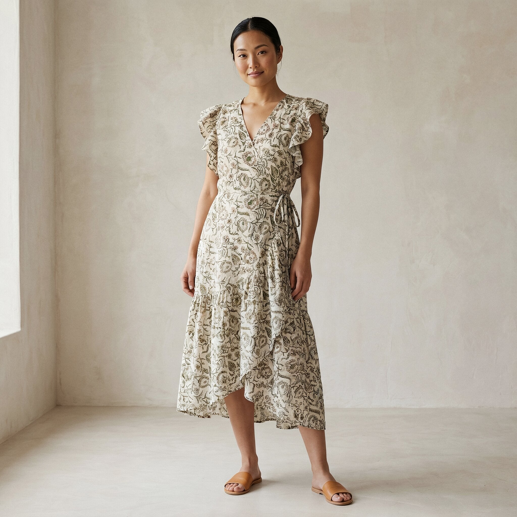 olive green dress floral Buy Olive Green Floral Block Print Cotton Ruffle Midi Wrap Dress Online at  SeamsFriendly