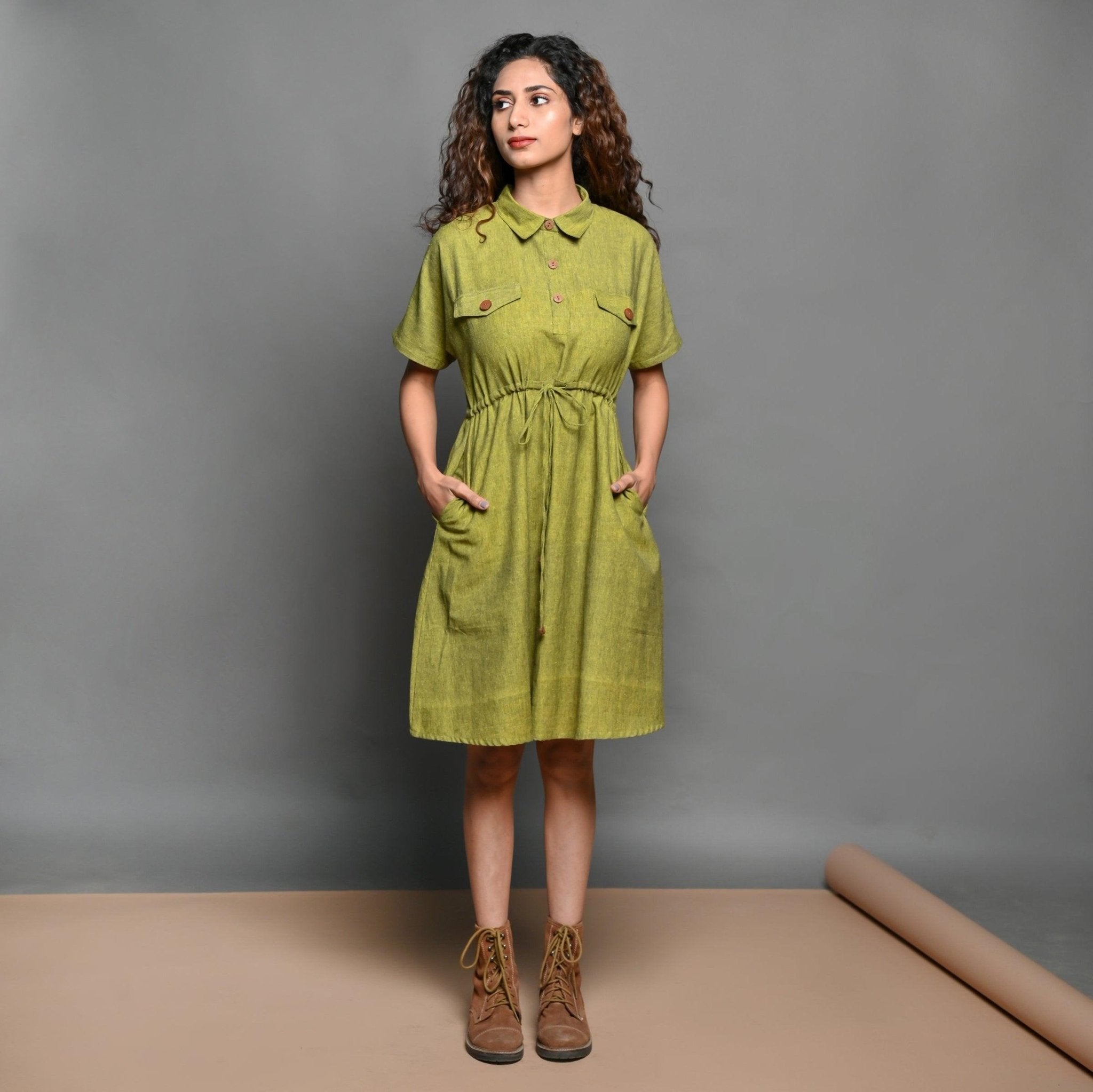 shirt dress olive green Handspun Cotton Short Safari 70