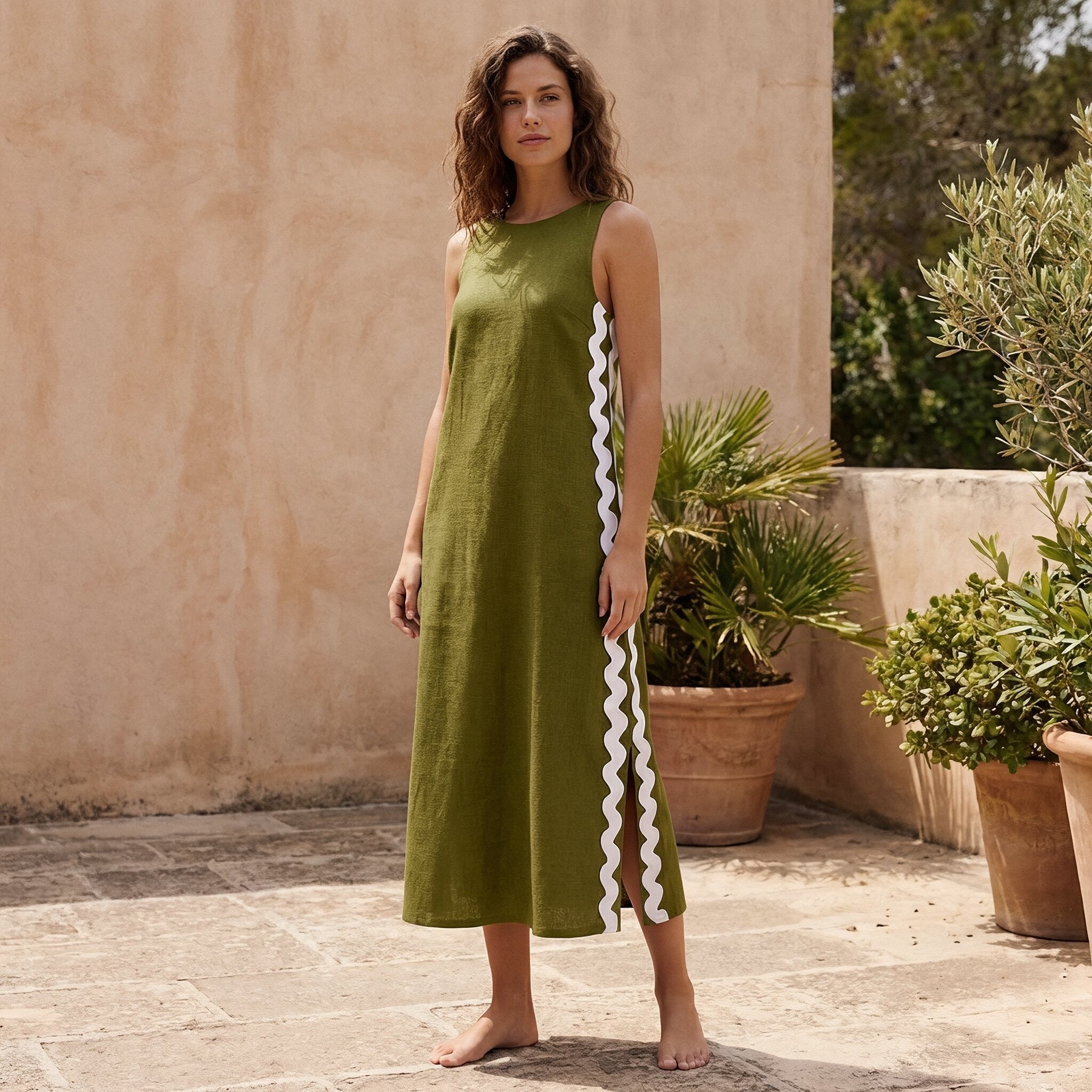 Olive Green Handspun Cotton Wavy Stripe Maxi Shift Dress 32