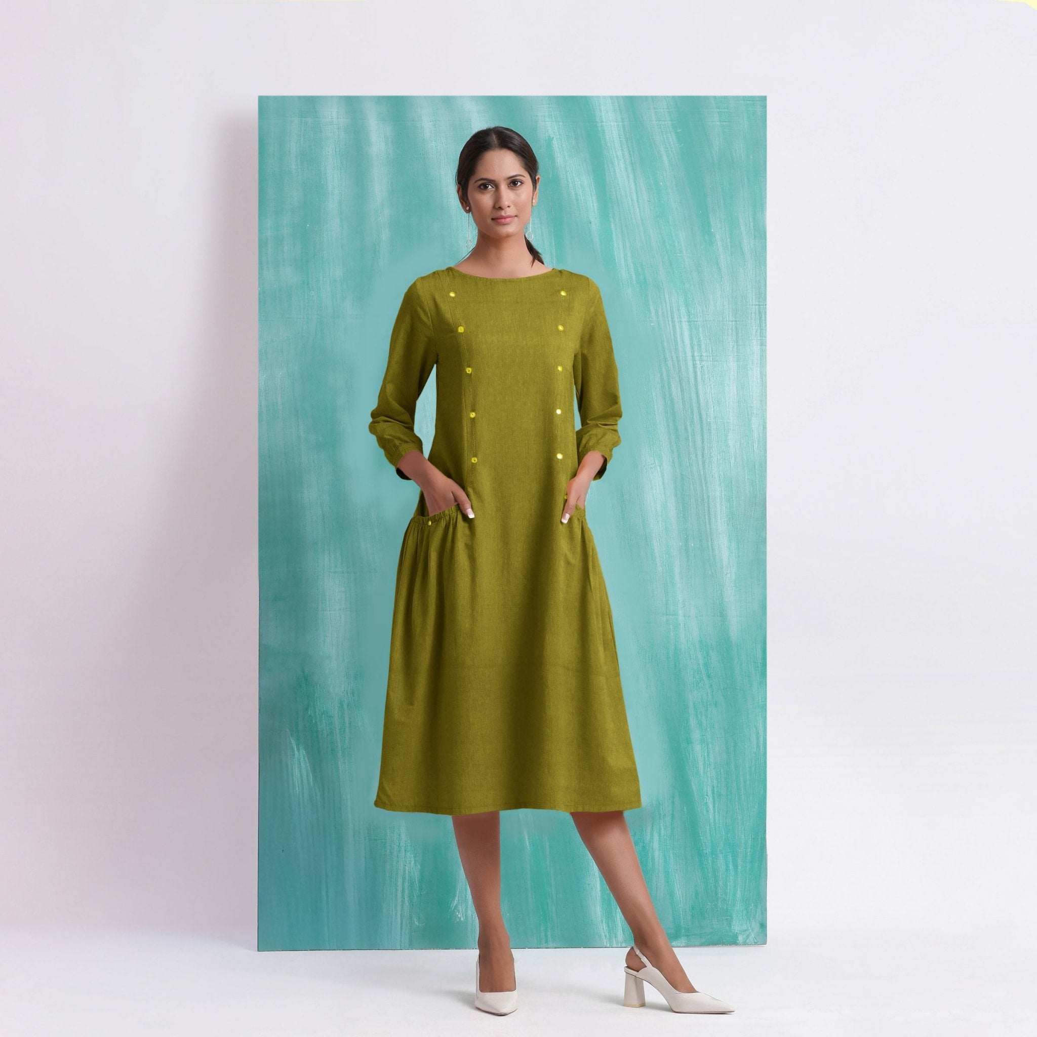 olive green work dress Mirror Embroidered Cotton Paneled Midi 48