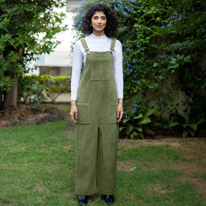 Olive Green Warm Cotton Corduroy Ankle Length Dungaree