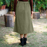 Olive Green Warm Cotton Corduroy High-Rise A-Line Midi Slit Skirt