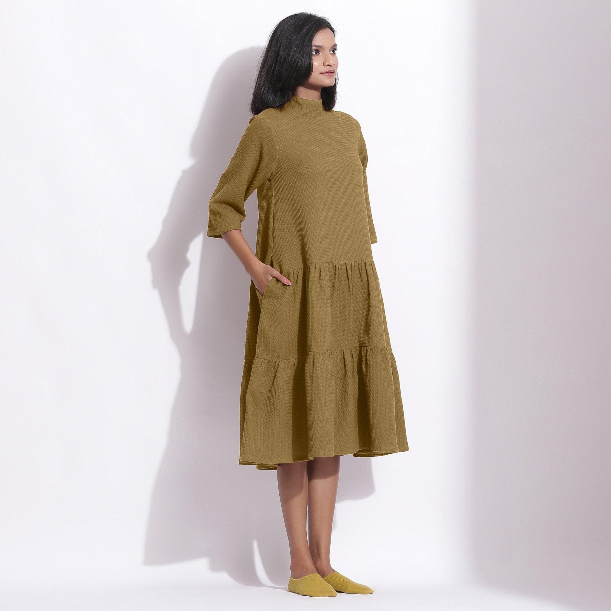 Olive Green Warm Cotton Waffle High Neck Midi Dress 70
