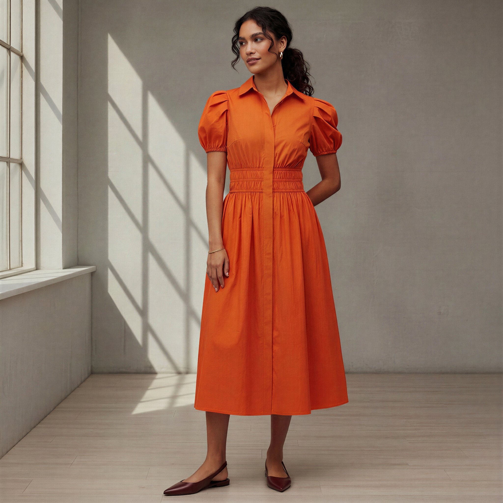 Orange Cotton Poplin Button-Down Midi Shirt Dress 26