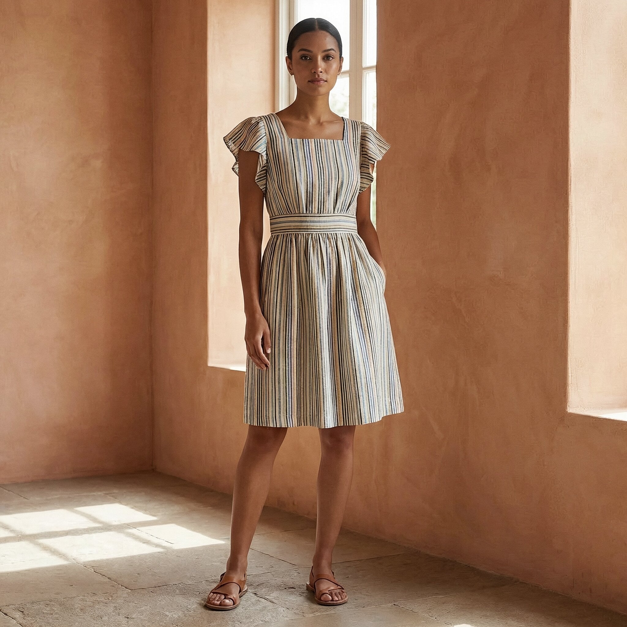 knee length pastel dresses Stripes Handspun Cotton Open-Back Fit and Flare Dress 40
