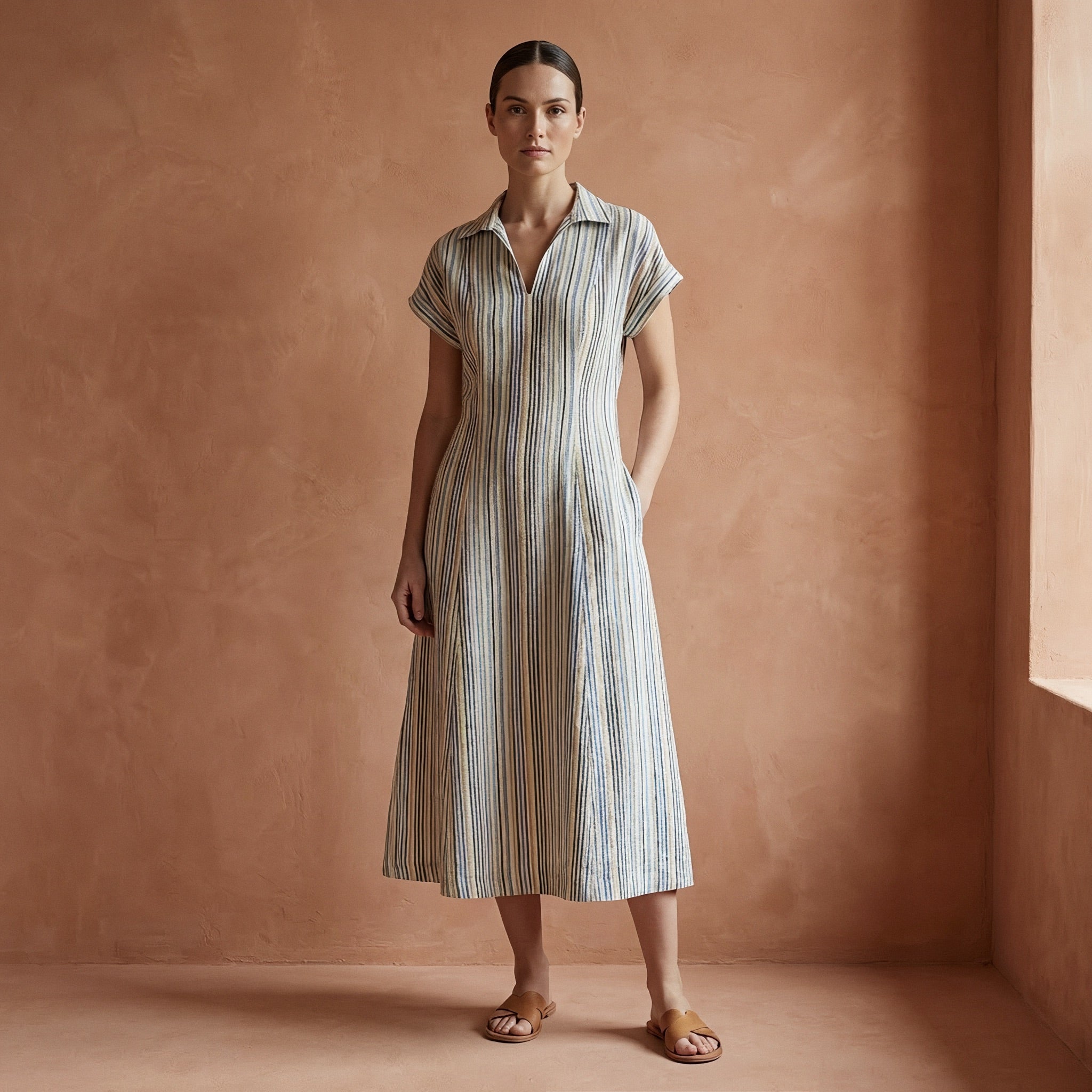 Buy Pastel Stripes Handspun Cotton Paneled A-Line Midi Dress Online at SeamsFriendly Buy Pastel Stripes Handspun Cotton Paneled A-Line Midi Dress Online at SeamsFriendly