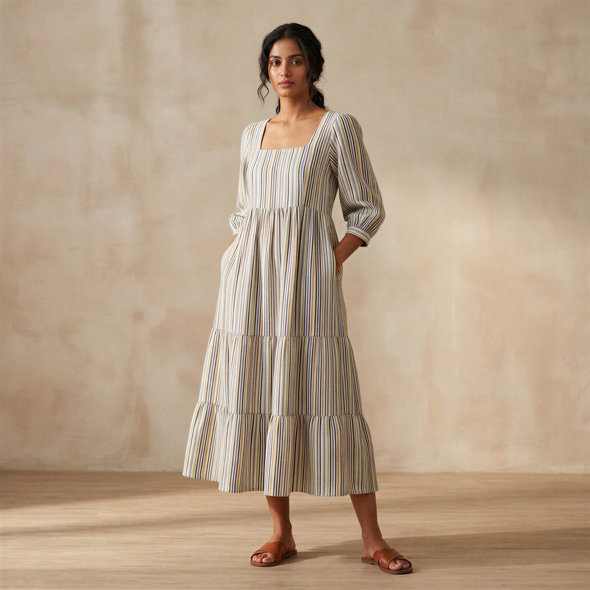 open lace back dress Buy Pastel Stripes Handspun Cotton Square Neck Tiered Midi Dress Online at  SeamsFriendly