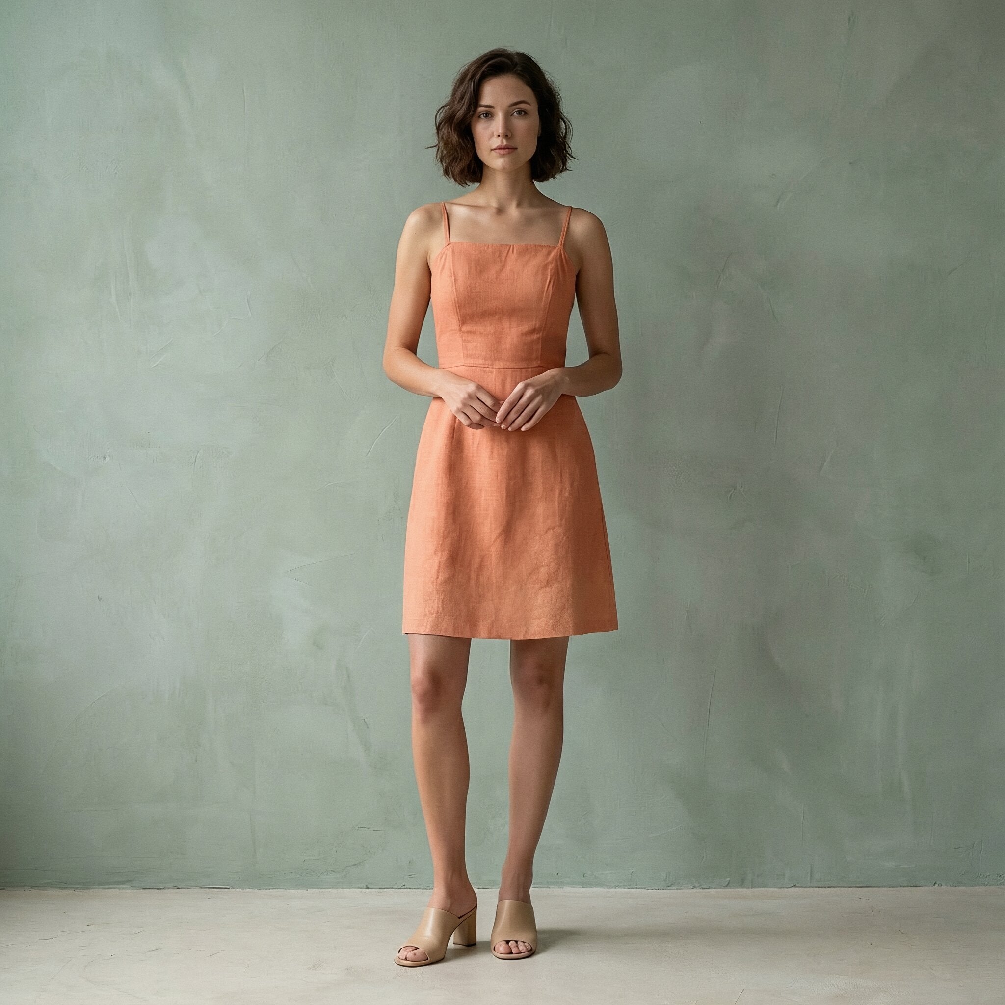 Peach Cotton Flax Fit and Flare Short Dress 48" / Petite (5'1" and below) Peach Cotton Flax Fit and Flare Short Dress 48" / Petite (5'1" and below)