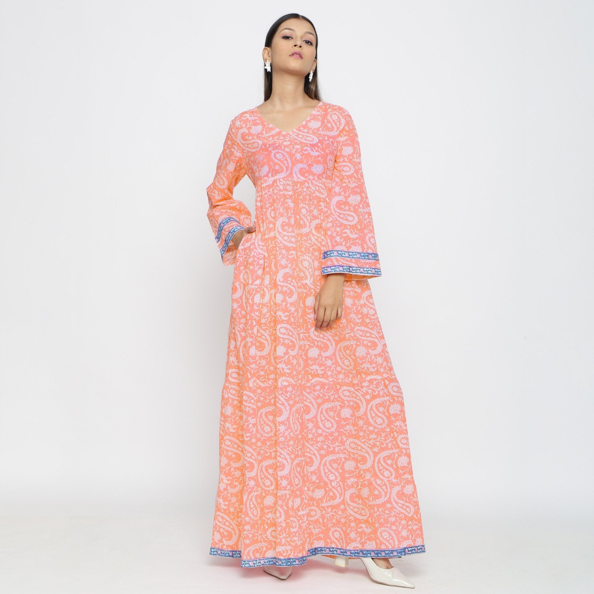 Peach Paisley Block Print Cotton Floor Length Boho Dress 38 Peach Paisley Block Print Cotton Floor Length Boho Dress 38