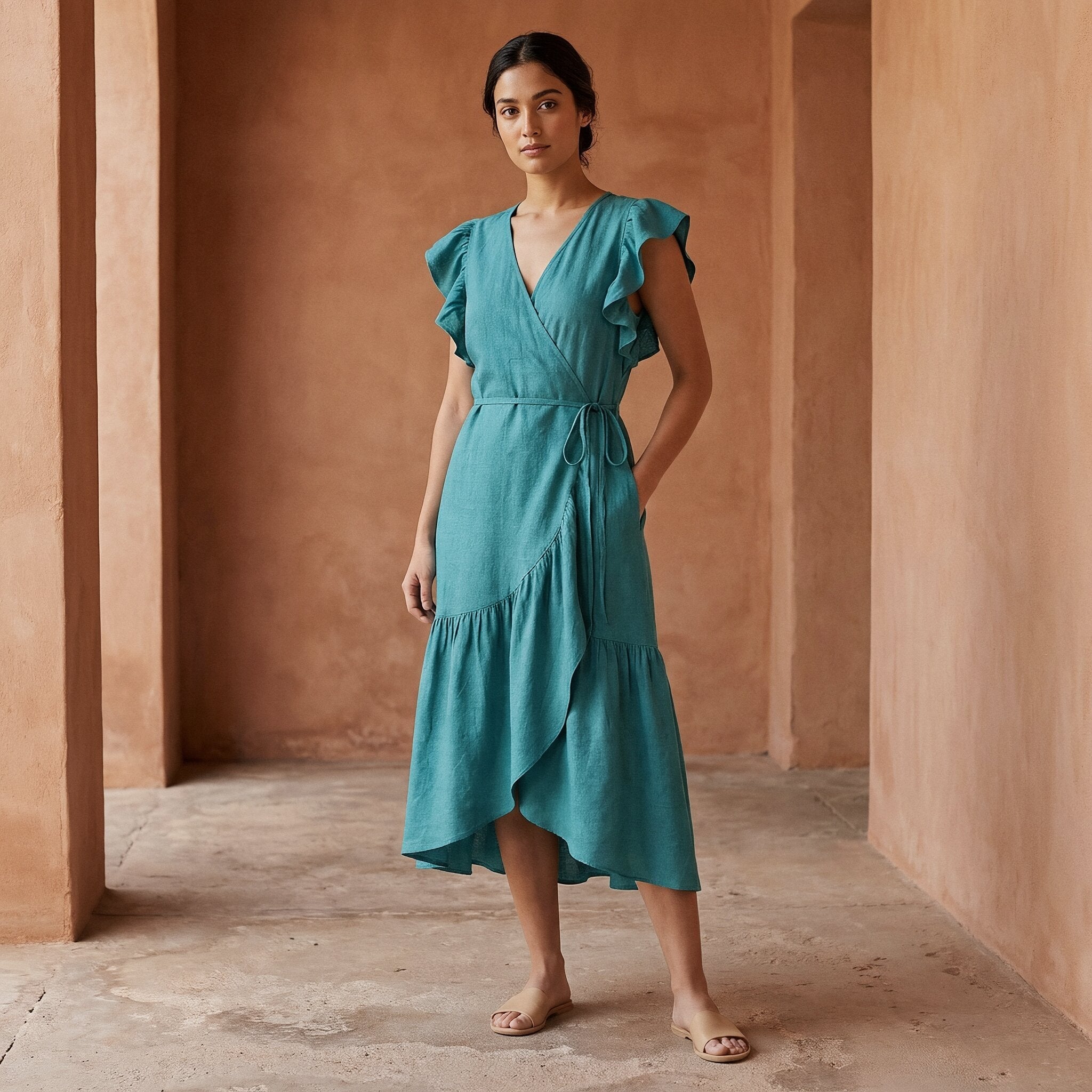 linen ruffle midi dress Womens V-Neck Cotton Linen Midi Dress Flutter Sleeve Ruffle Trim Summer Elegant