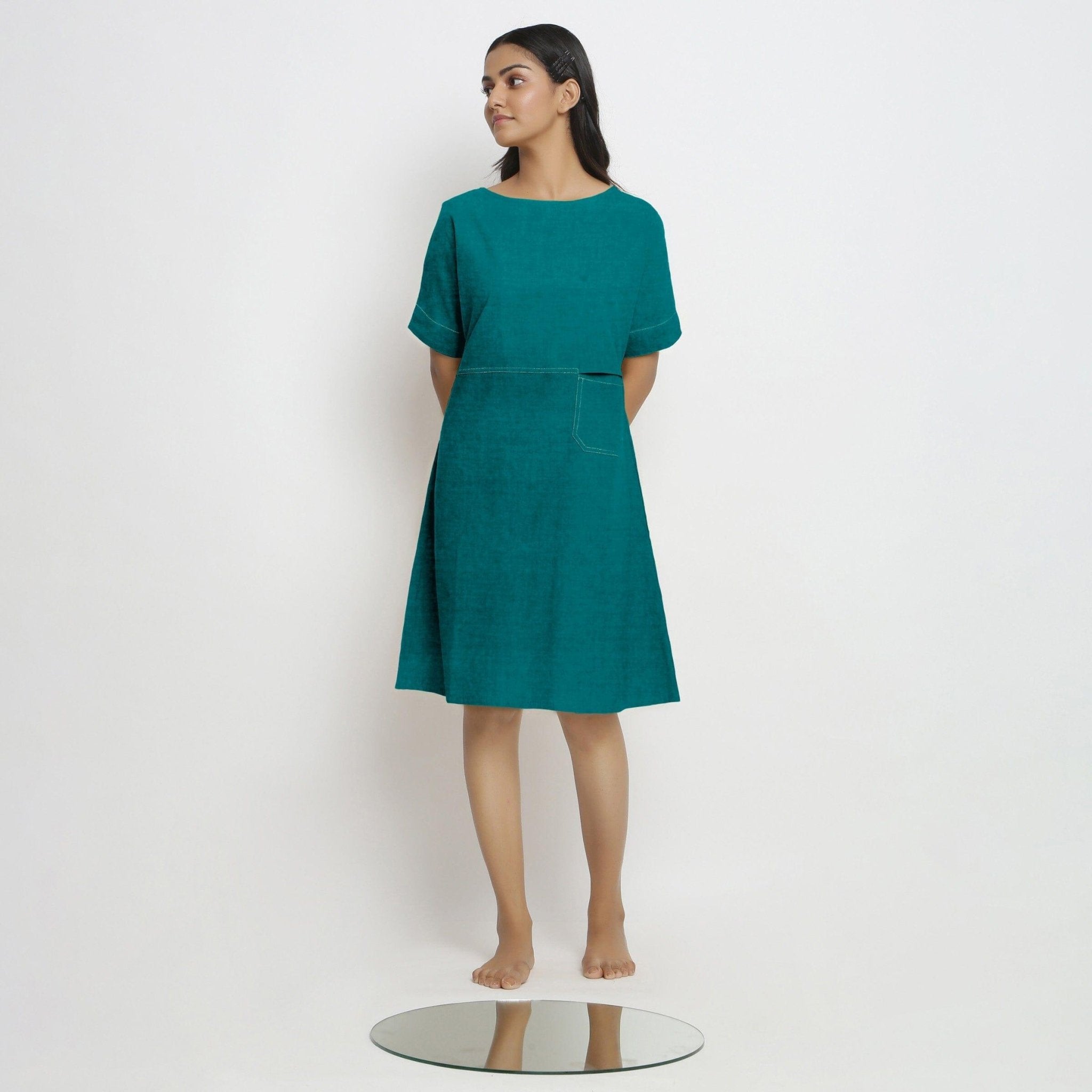 Pine Green Cotton Linen Yoked Knee Length Shift Dress 66