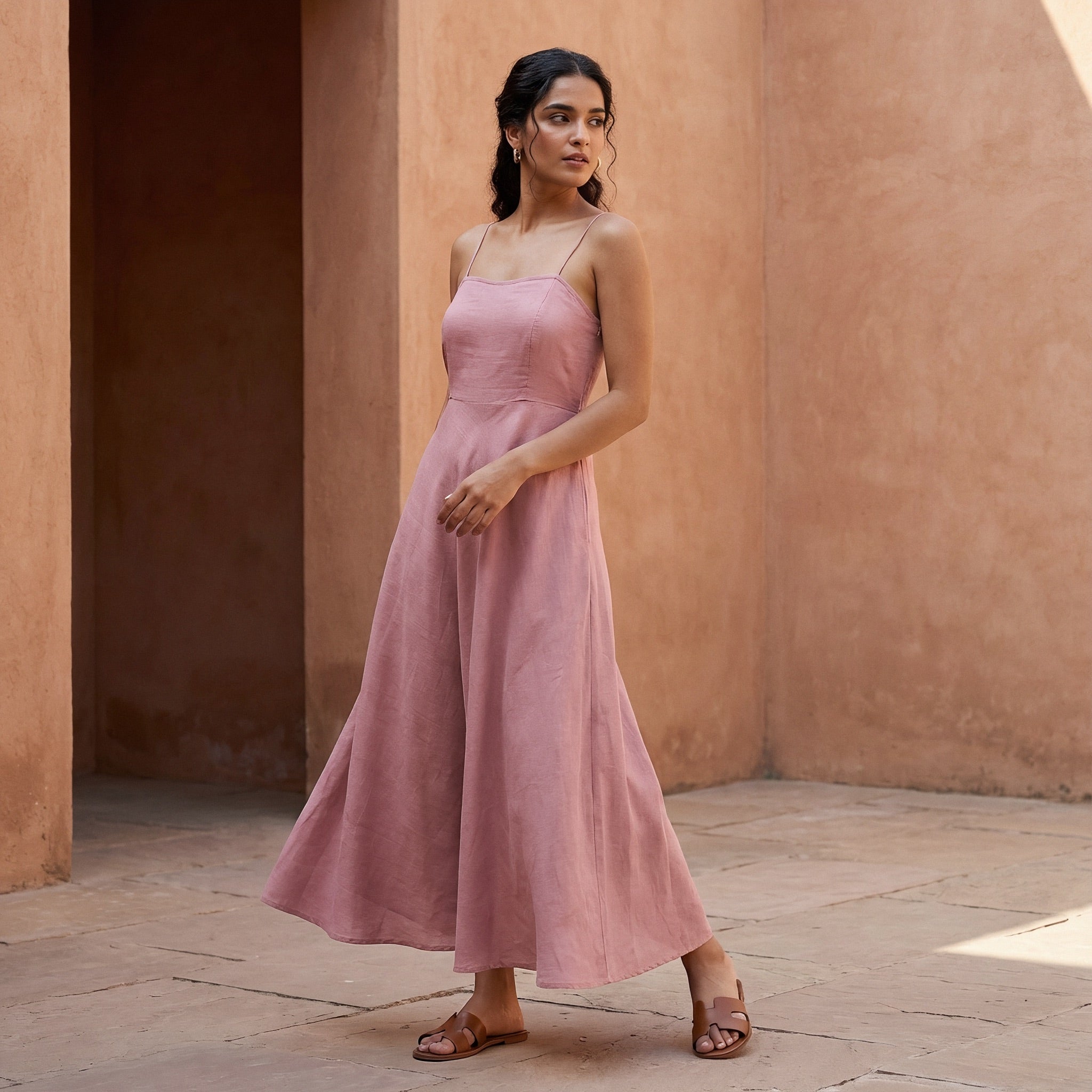 open lace back dress Dreamylily Women A Line Pink Chiffon Halter Neck Sleeveless Ankle Length  Dress With Cascading Ruffles main image 0