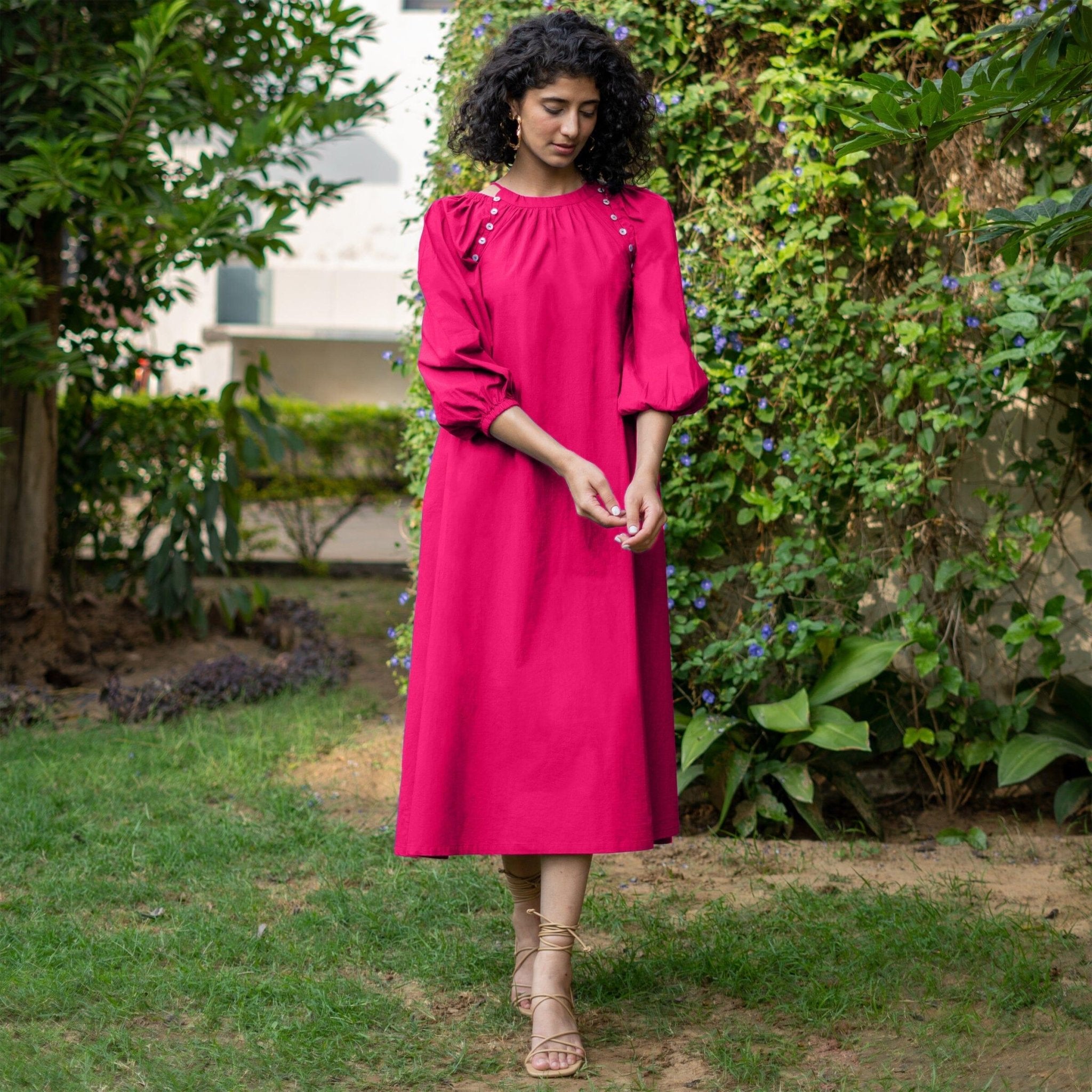 Pink Cotton Poplin A-Line Detachable Sleeve Flared Midi Dress 52