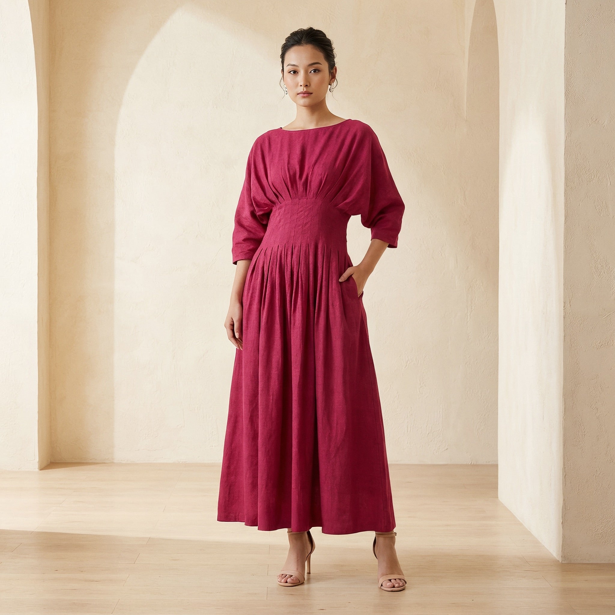 Pink Cotton Poplin Cinched Waist Flared Maxi Dress 56