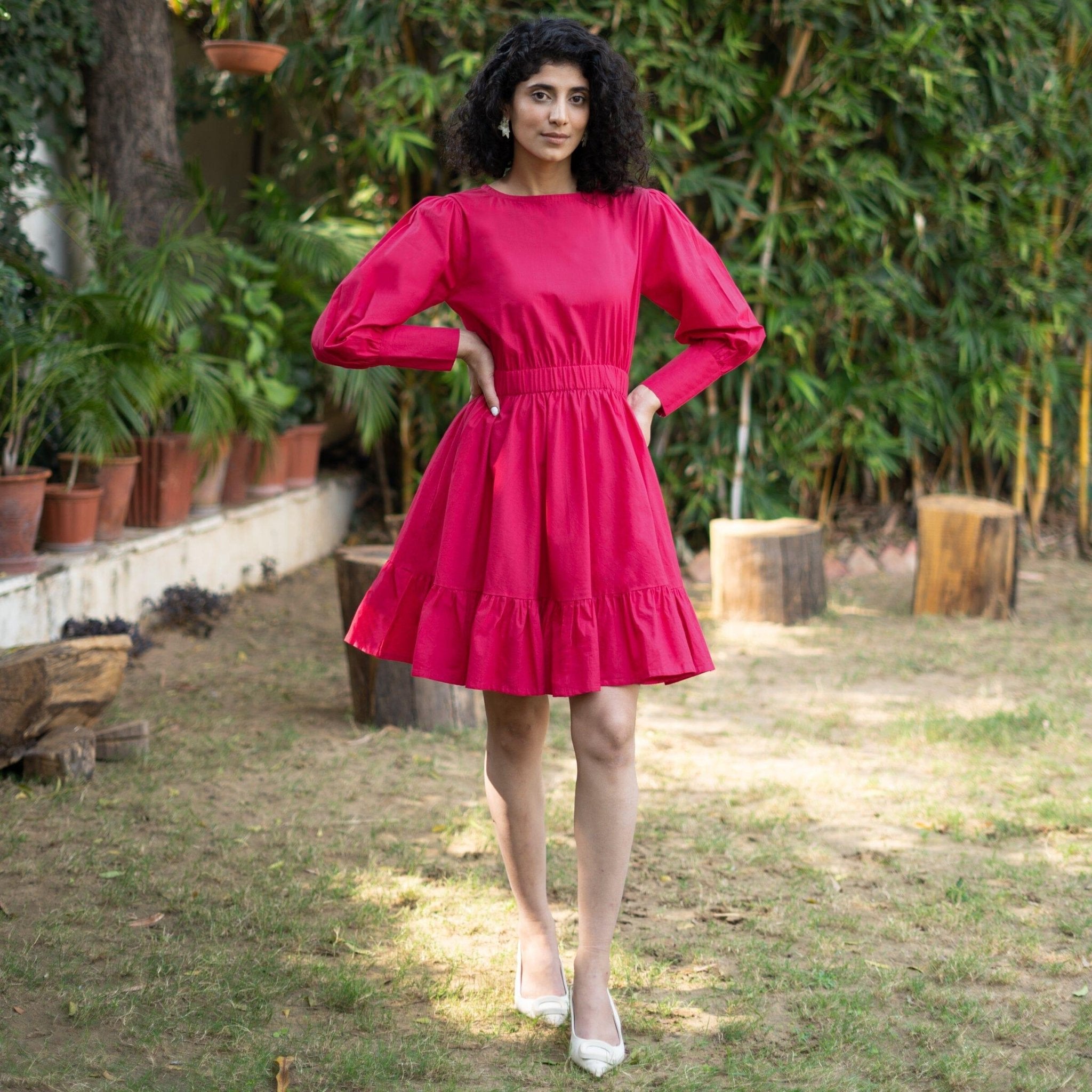Pink Cotton Poplin Gathered Short Tier Dress 34