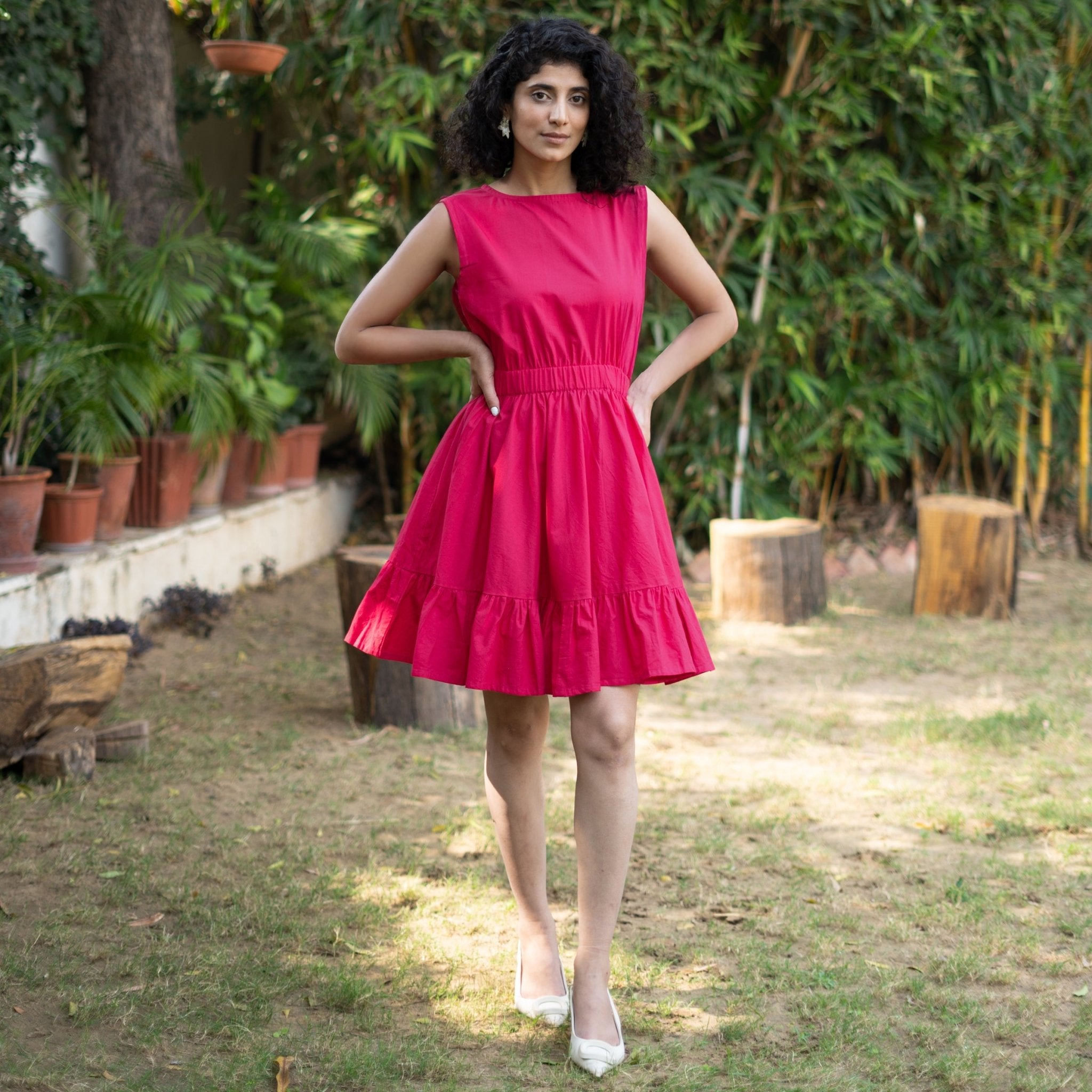 Pink Cotton Poplin Sleeveless Gathered Short Dress 40