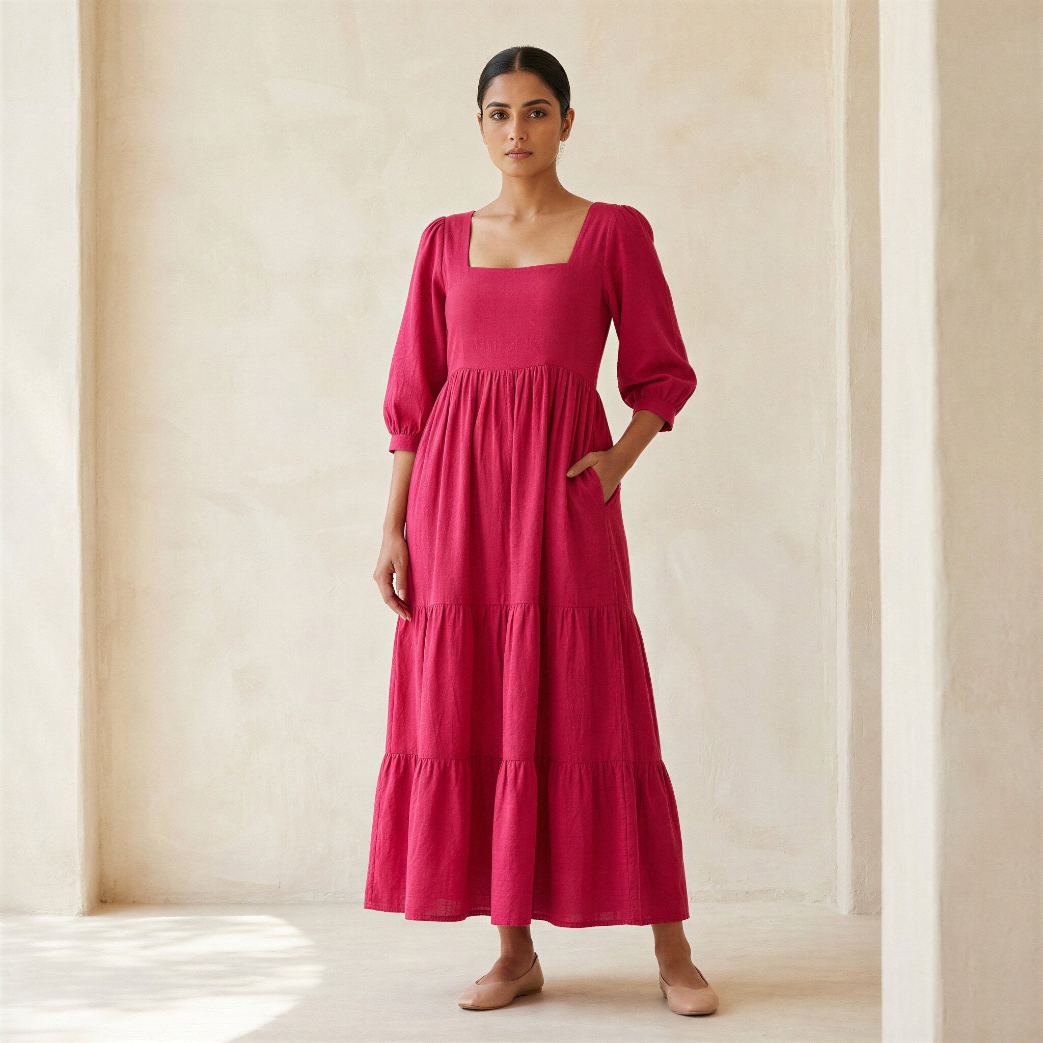 cotton poplin tiered dress Orange Cotton Poplin A-Line Deep Neck Maxi Tier Dress 62" / Petite (5'1" and below)