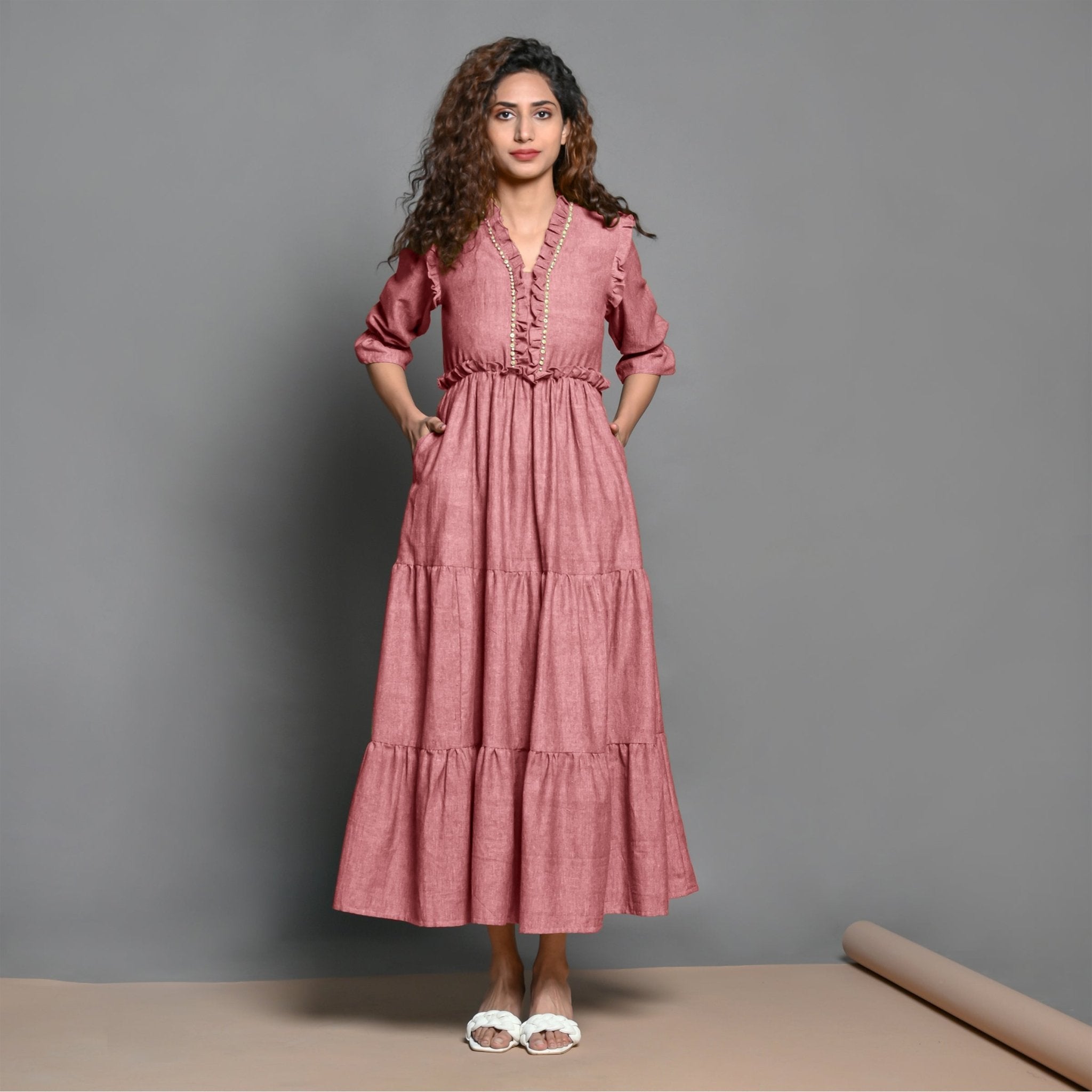 Pink Hand-Beaded Cotton Flax Boho Maxi Dress 68