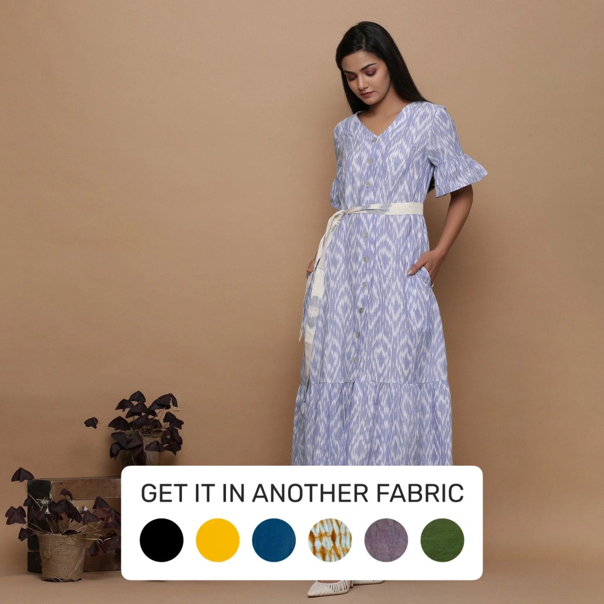 ikat midi dress Powder Blue Handwoven Ikat Cotton Button-Down Midi Dress